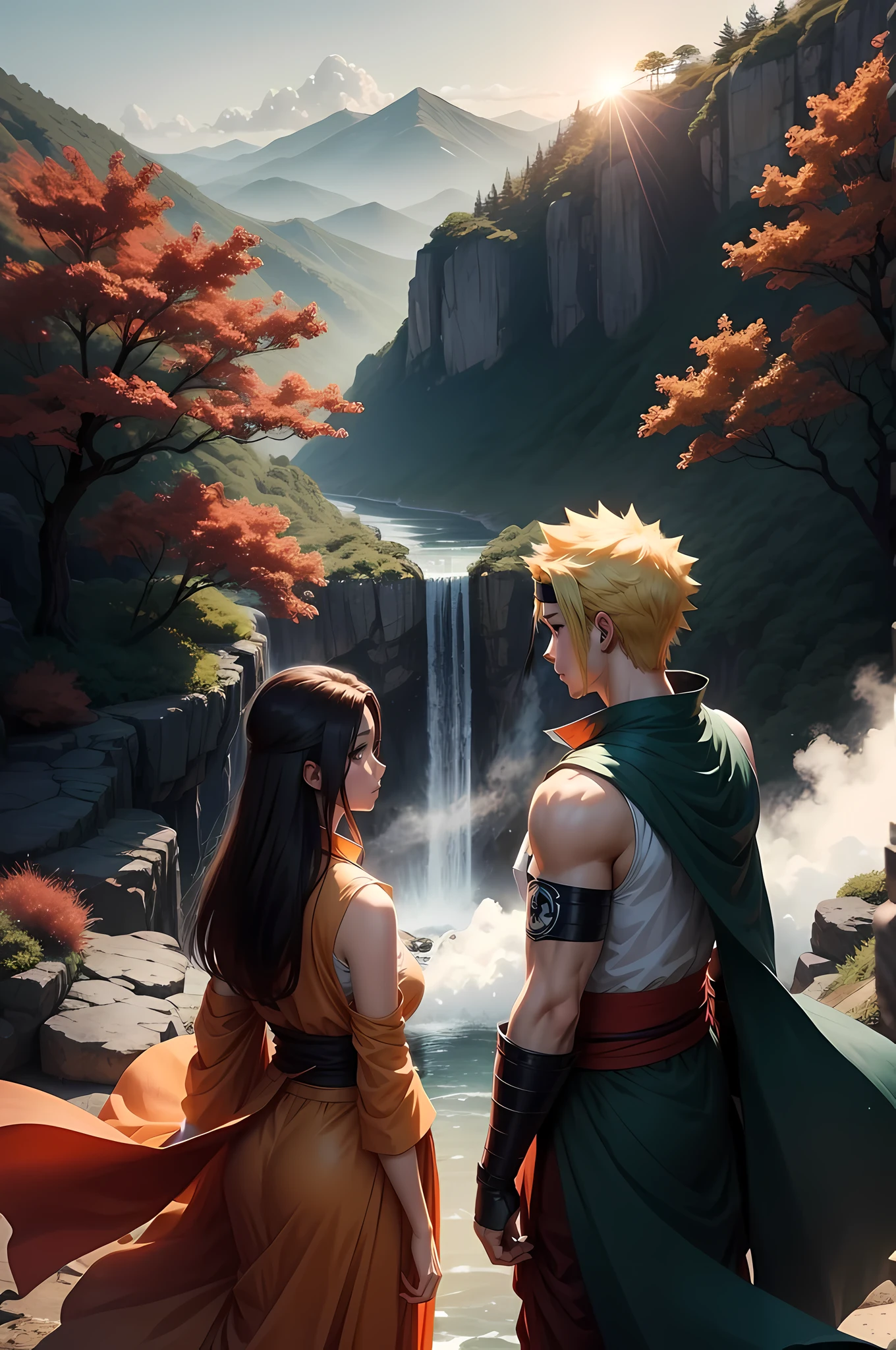 Naruto and Sasuke, both clad in their iconic ninja attire, stand facing each other with determined expressions. The serene backdrop of a breathtaking waterfall cascades behind them, its shimmering waves reflecting the golden hues of the setting sun. The vibrant orange and red rays illuminate the forested surroundings, casting long, dancing shadows on the ground between the two rivals. The air is heavy with tension as the rivals from the Naruto series prepare for their next encounter.