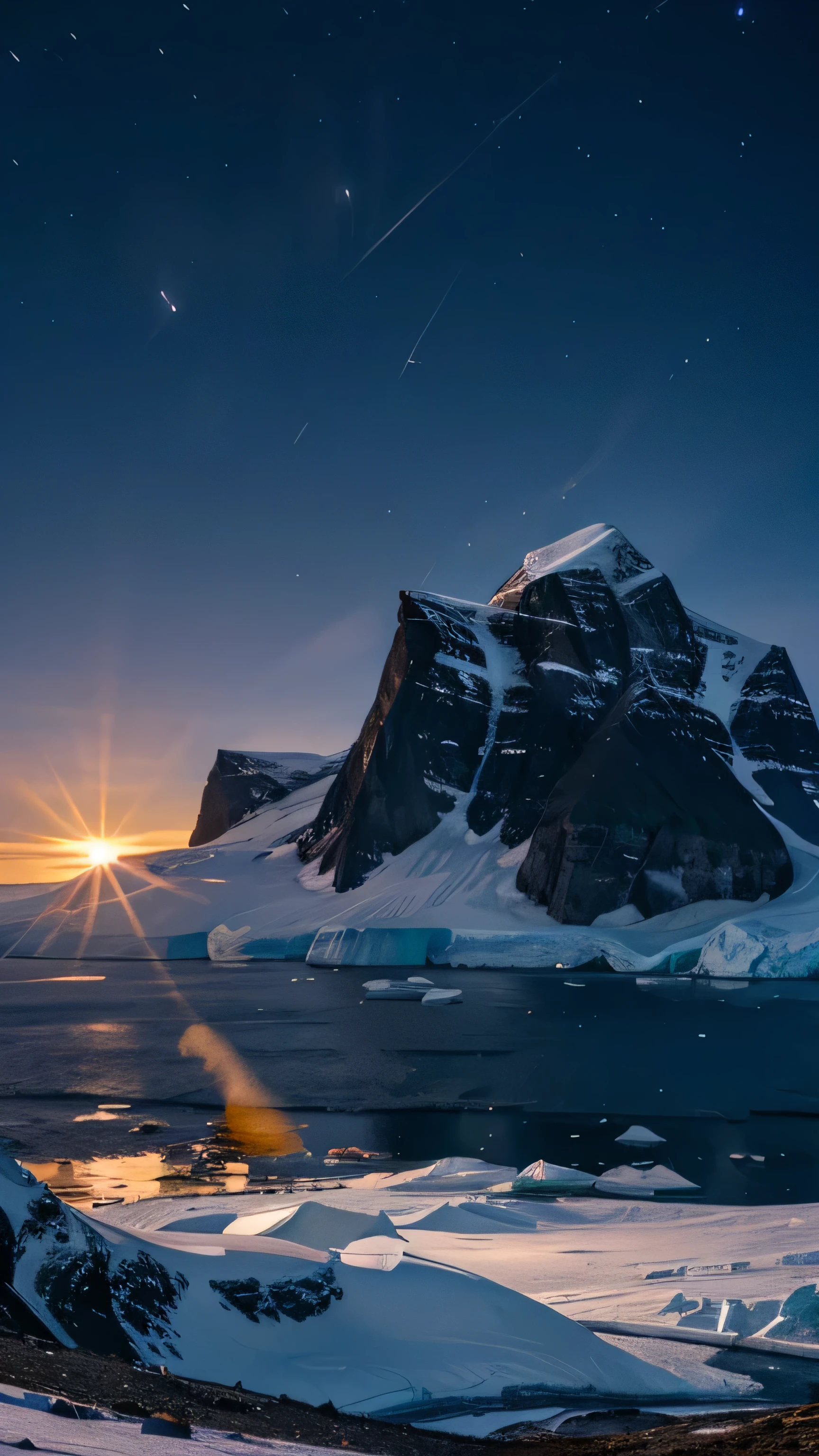 Midnight sun in Antarctica, mountain, night, 8k, high resolution