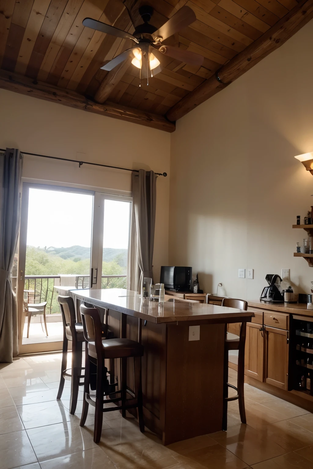 best quality,Living and dining room,Bar counter,Pick short,light colored walls,log,modern furniture,vacation,Homestay,Comfortable,nature,Floor-to-ceiling windows,Curtains blowing in the breeze