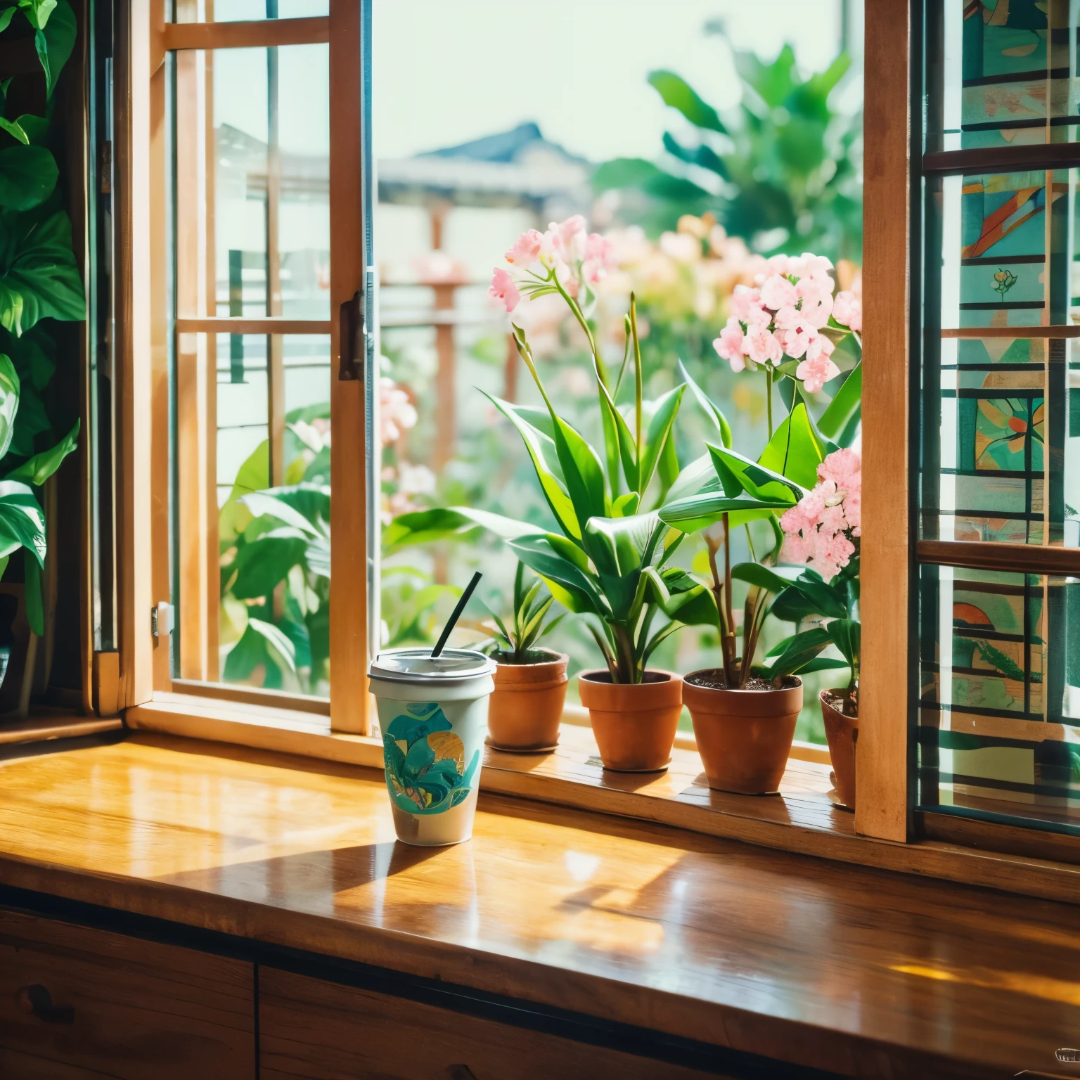 masterpiece,highest quality,masterpiece,highest quality,official art,Highly detailed CG Unity 8K wallpaper,A slightly retro color,RICE print style,figure,cute,1 girl,flowers,window sill,flower pot,drink coffee,.