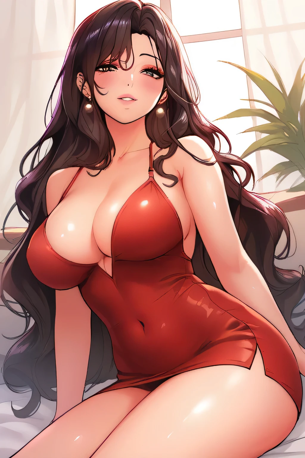 score_9, score_8_up, score_7_up, score_6_up, score_5_up, score_4_up, yu hee, brown eyes, black hair, long hair, large breasts, red short dress, bare shoulders,