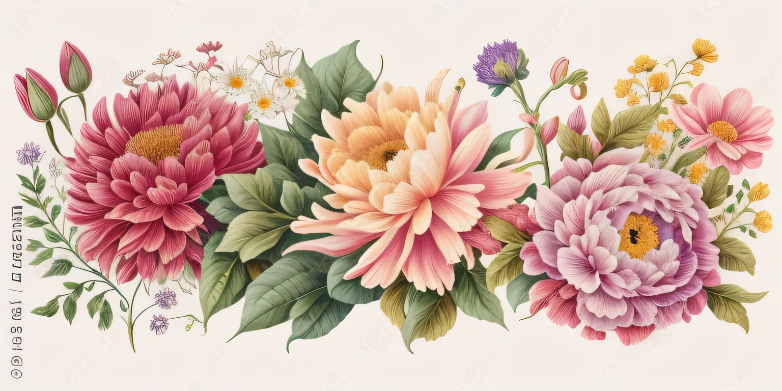 there are many flowers that are on the wall together, artistic illustration, a beautiful artwork illustration, highly detailed illustration.”, highly detailed digital artwork, floral design, highly detailed illustration, colored illustration for tattoo, ultra detailed color art, color illustration, full color illustration, botanical background, hd illustration, digital art. highly detailed, beautiful illustration, flowers. baroque elements