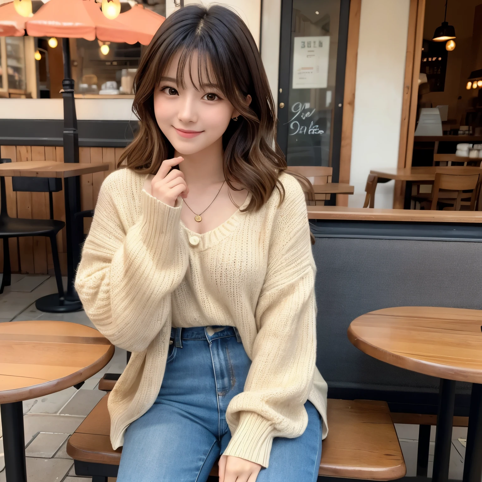 Best-quality, Masterpiece, Ultra-High-Resolution, (Photorealistic:1.4), Raw-Photo, 32k photo of the most popular Japanese idol's girl in a casual, chic outfit, with detailed eyes and a charming smile, seated at a cozy café. She’s wearing a stylish sweater and jeans, with ankle boots and a simple necklace, her hair styled in a soft wave. The image captures her in a warm, inviting café setting, with a focus on her relaxed posture and the ambient light highlighting her face, extremely cute face like the most famous Japanese idol, extremely beautiful big-blackeyes, extremely beautiful hair