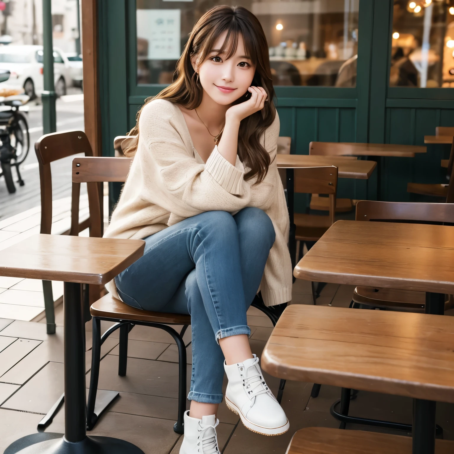 Best-quality, Masterpiece, Ultra-High-Resolution, (Photorealistic:1.4), Raw-Photo, 32k photo of the most popular Japanese idol's girl  in a casual, chic outfit, with detailed eyes and a charming smile, seated at a cozy café. She’s wearing a stylish sweater and jeans, with ankle boots and a simple necklace, her hair styled in a soft wave. The image captures her in a warm, inviting café setting, with a focus on her relaxed posture and the ambient light highlighting her face, extremely cute face like the most famous Japanese idol, extremely beautiful big-blackeyes, extremely beautiful hair