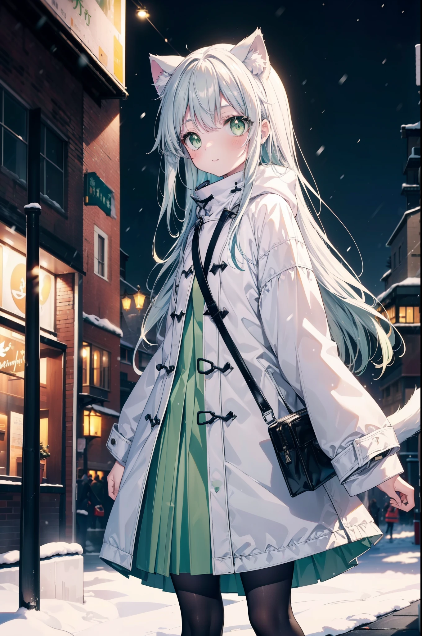 index, index, (green eyes:1.5), silver hair, long hair, (flat chest:1.2),Cat ear,cat tail,blush,smile,open your mouth,gray handbag,yellow long coat, white hoodie, black long skirt,black pantyhose,Mini Boots,winter,night,cold sky,snow is scattered,It&#39;s snowing,background　big christmas tree,
break looking at viewer, Upper body, whole body,
break outdoors, In town,building street,
break (masterpiece:1.2), highest quality, High resolution, unity 8k wallpaper, (figure:0.8), (beautiful deしっぽed eyes:1.6), extremely deしっぽed face, perfect lighting, extremely deしっぽed CG, (perfect hands, perfect anatomy),