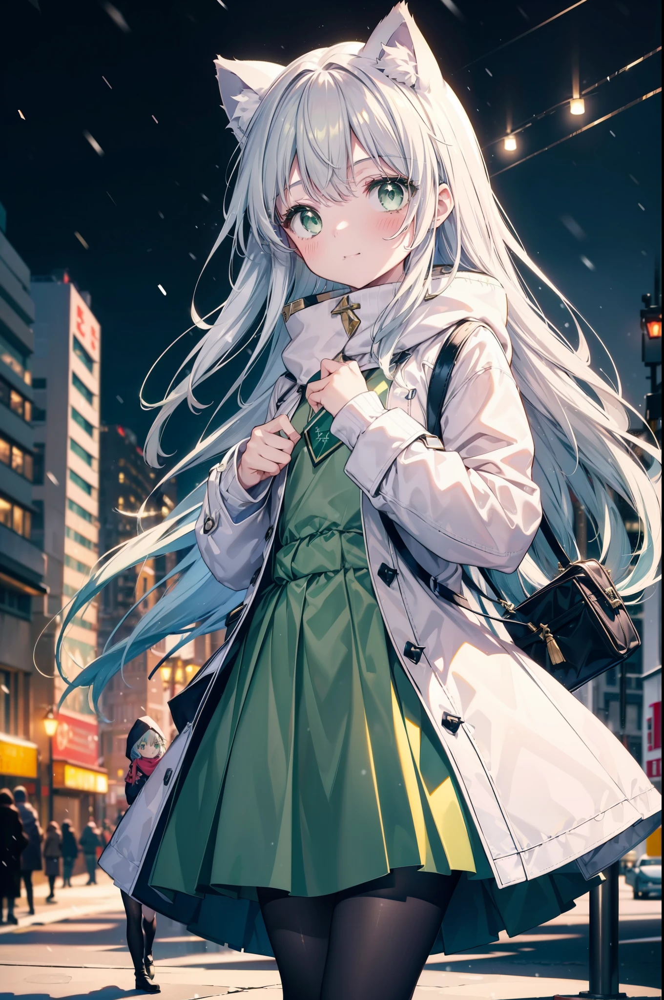 index, index, (green eyes:1.5), silver hair, long hair, (flat chest:1.2),Cat ear,cat tail,blush,smile,open your mouth,gray handbag,yellow long coat, white hoodie, black long skirt,black pantyhose,Mini Boots,winter,night,cold sky,snow is scattered,It&#39;s snowing,background　big christmas tree,
break looking at viewer, Upper body, whole body,
break outdoors, In town,building street,
break (masterpiece:1.2), highest quality, High resolution, unity 8k wallpaper, (figure:0.8), (beautiful deしっぽed eyes:1.6), extremely deしっぽed face, perfect lighting, extremely deしっぽed CG, (perfect hands, perfect anatomy),