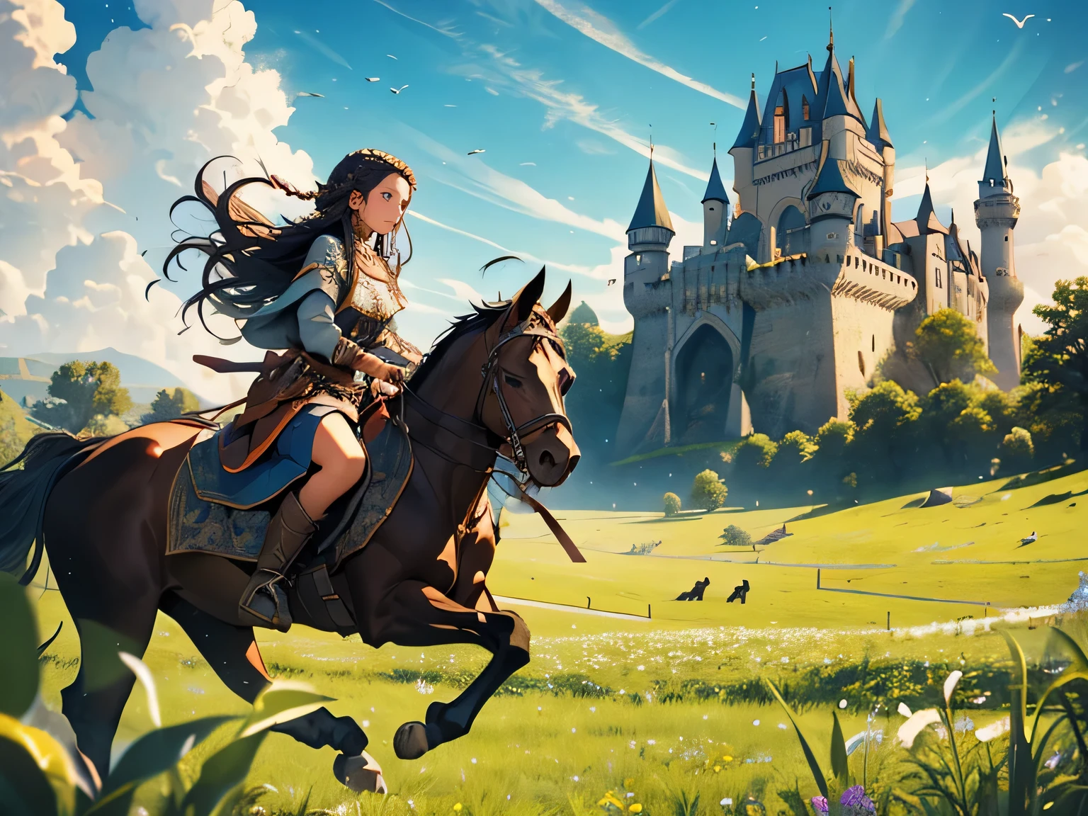 illustrates a young girl with long, black, braided hair riding through a meadow with a castle town behind her, medieval fantasy theme