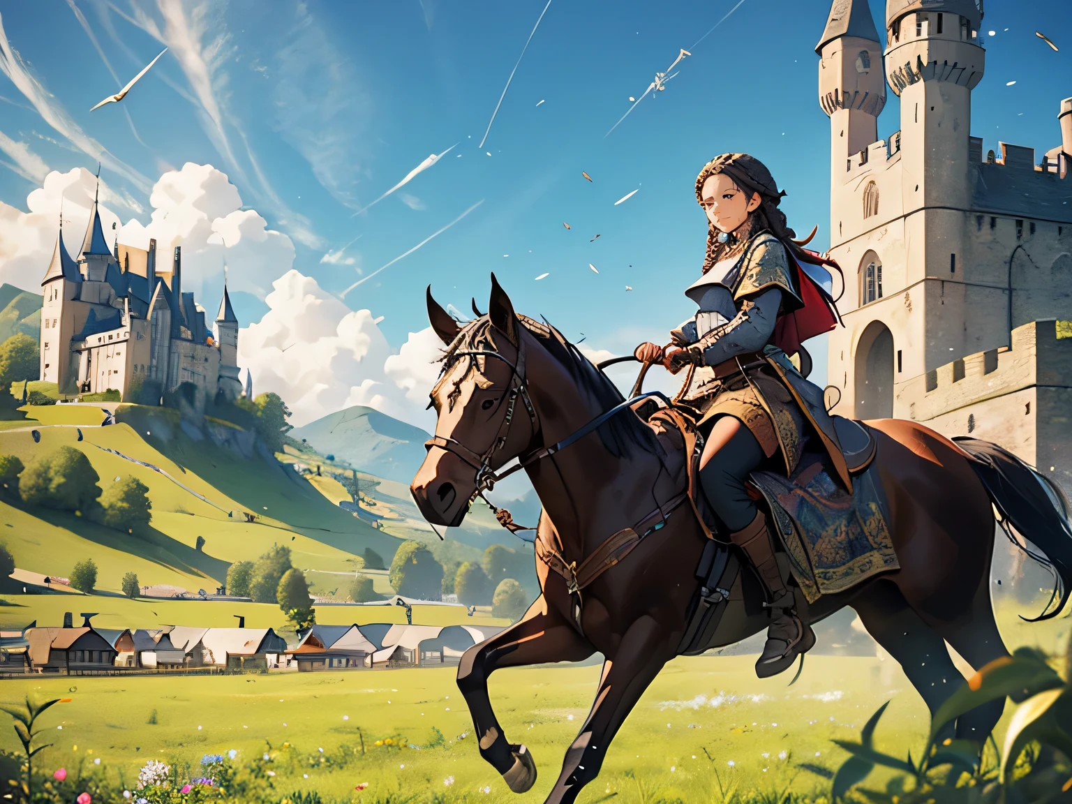 illustrates a young girl with long, black, braided hair riding through a meadow with a castle town behind her, medieval fantasy theme