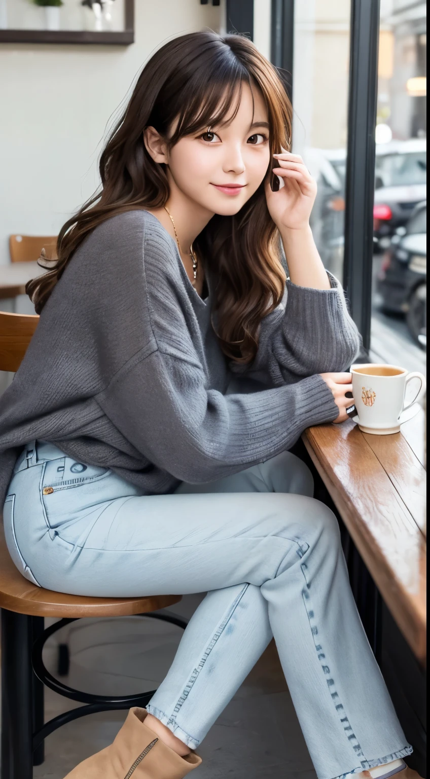 Best-quality, Masterpiece, Ultra-High-Resolution, (Photorealistic:1.4), Raw-Photo, 32k photo of the most popular Japanese idol's girl in a casual, chic outfit, with detailed eyes and a charming smile, seated at a cozy café. She’s wearing a stylish sweater and jeans, with ankle boots and a simple necklace, her hair styled in a soft wave. The image captures her in a warm, inviting café setting, with a focus on her relaxed posture and the ambient light highlighting her face, extremely cute face like the most famous Japanese idol, extremely beautiful big-blackeyes, extremely beautiful hair