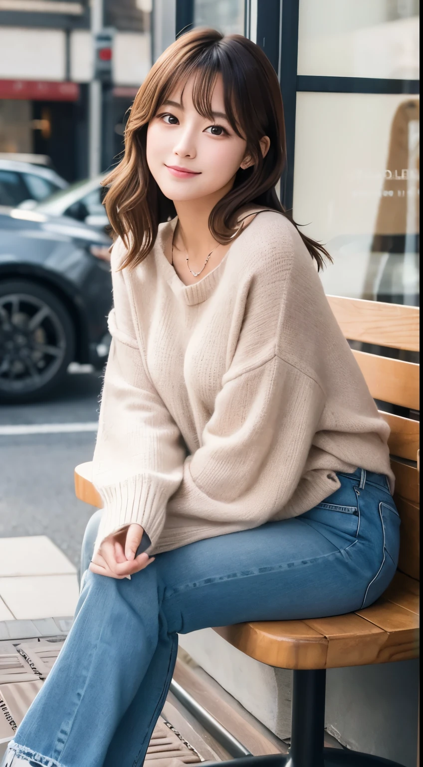 Best-quality, Masterpiece, Ultra-High-Resolution, (Photorealistic:1.4), Raw-Photo, 32k photo of the most popular Japanese idol's girl in a casual, chic outfit, with detailed eyes and a charming smile, seated at a cozy café. She’s wearing a stylish sweater and jeans, with ankle boots and a simple necklace, her hair styled in a soft wave. The image captures her in a warm, inviting café setting, with a focus on her relaxed posture and the ambient light highlighting her face, extremely cute face like the most famous Japanese idol, extremely beautiful big-blackeyes, extremely beautiful hair