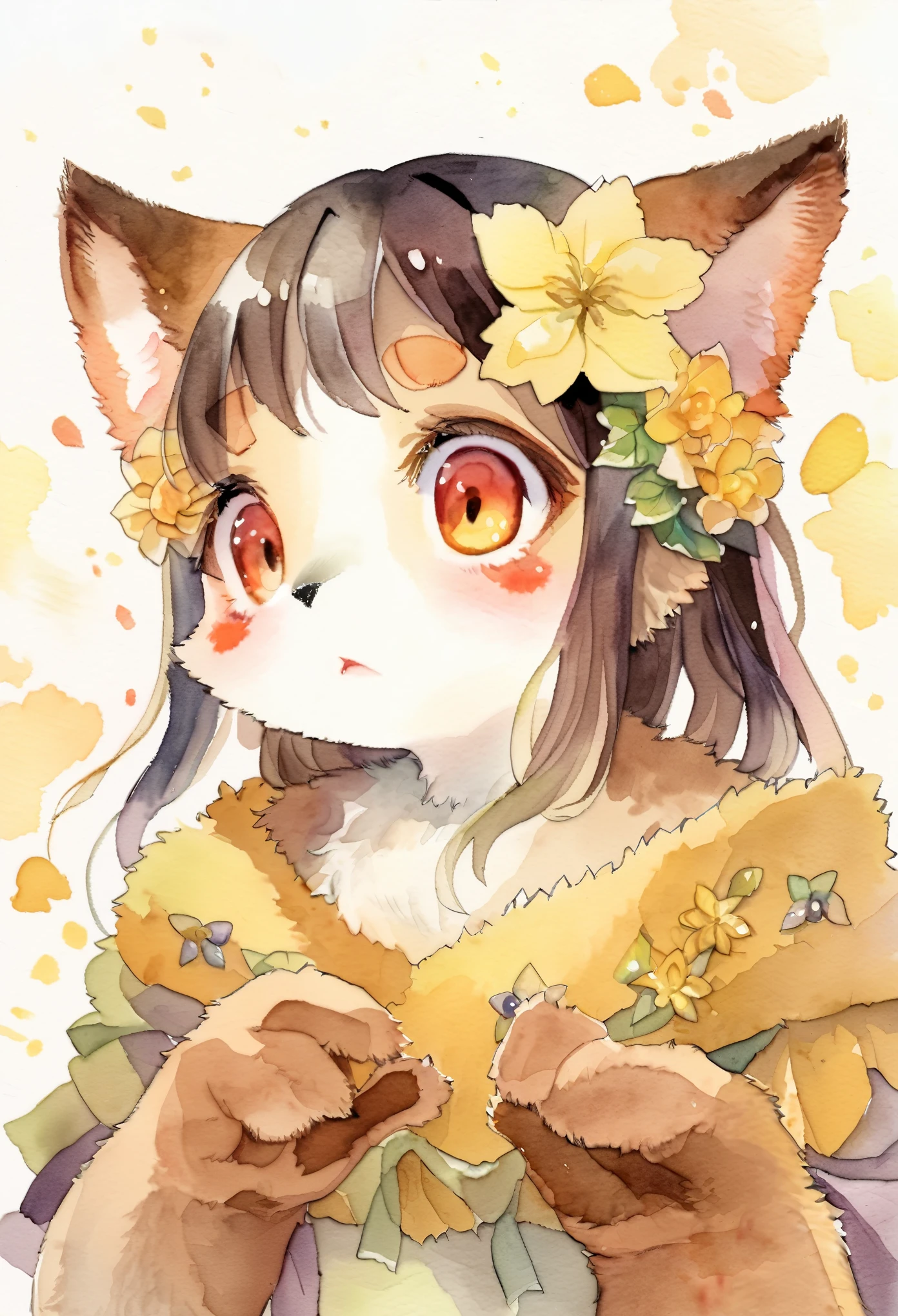 Watercolor elements, 1girl, kemono, furry, detailed body fur, animal face, animal hand, unfocused spread of gold flower, 