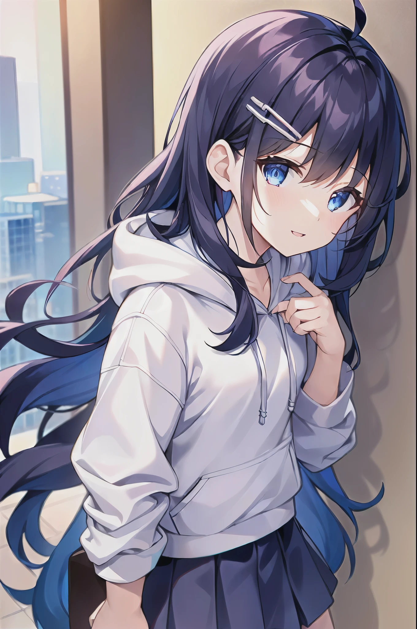 (((masterpiece))), (high quality:1.5), (beautiful:1.5), (((8K))), (High resolution:1.5), (High resolution:1.5), (1 girl:1.3), (child:1.5), (dark blue straight long hair:1.3), (very long dark blue sideburns), (dark blue bangs with very large parting:1.3), (simple hair clip:1.4), (Ahoge:1.4), (small blue eyes:1.2), (slightly droopy eyes:1.3), (Super thick sideburns and super long sideburns:1.1), (Ultra-flat chest:1.4), (extremely small breasts:1.4), (laughter), (Pure white pleated skirt:1.4), (wear a white hoodie:1.4), (stand on the roof:1.4), (cityscape of buildings:1.2), (From above:1.3), (cowboy shot:1.2)