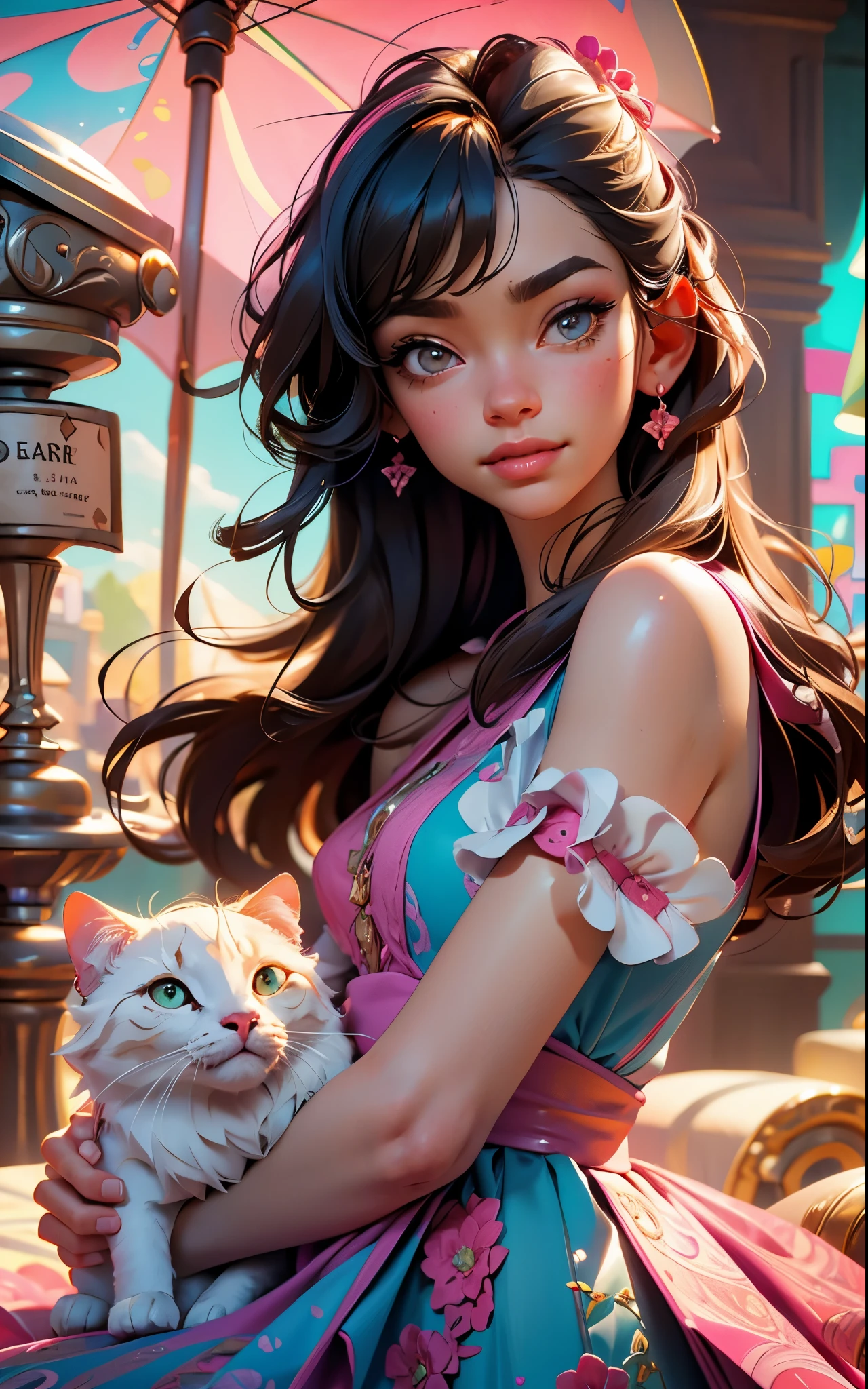 pink dress, smile, highres,sharp focus,(ultra detailed,extremely detailed),(photorealistic artwork:1.37),(extremely detailed CG unity 8k wallpaper),(((vibrant colors,vibrant theme))),(intricate),(masterpiece),(best quality),artistic photography,(photography taken by sldr),(intricate background),perfect rendered face,perfect face details,realistic face,photo realistic,analog style,((intricate detail)),(((realism))), her pet

