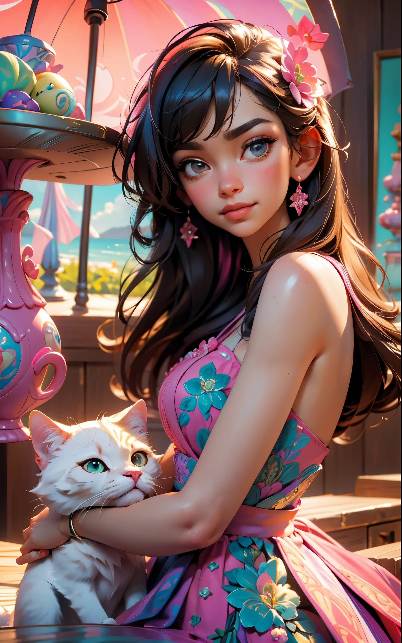 pink dress, smile, highres,sharp focus,(ultra detailed,extremely detailed),(photorealistic artwork:1.37),(extremely detailed CG unity 8k wallpaper),(((vibrant colors,vibrant theme))),(intricate),(masterpiece),(best quality),artistic photography,(photography taken by sldr),(intricate background),perfect rendered face,perfect face details,realistic face,photo realistic,analog style,((intricate detail)),(((realism))), her pet