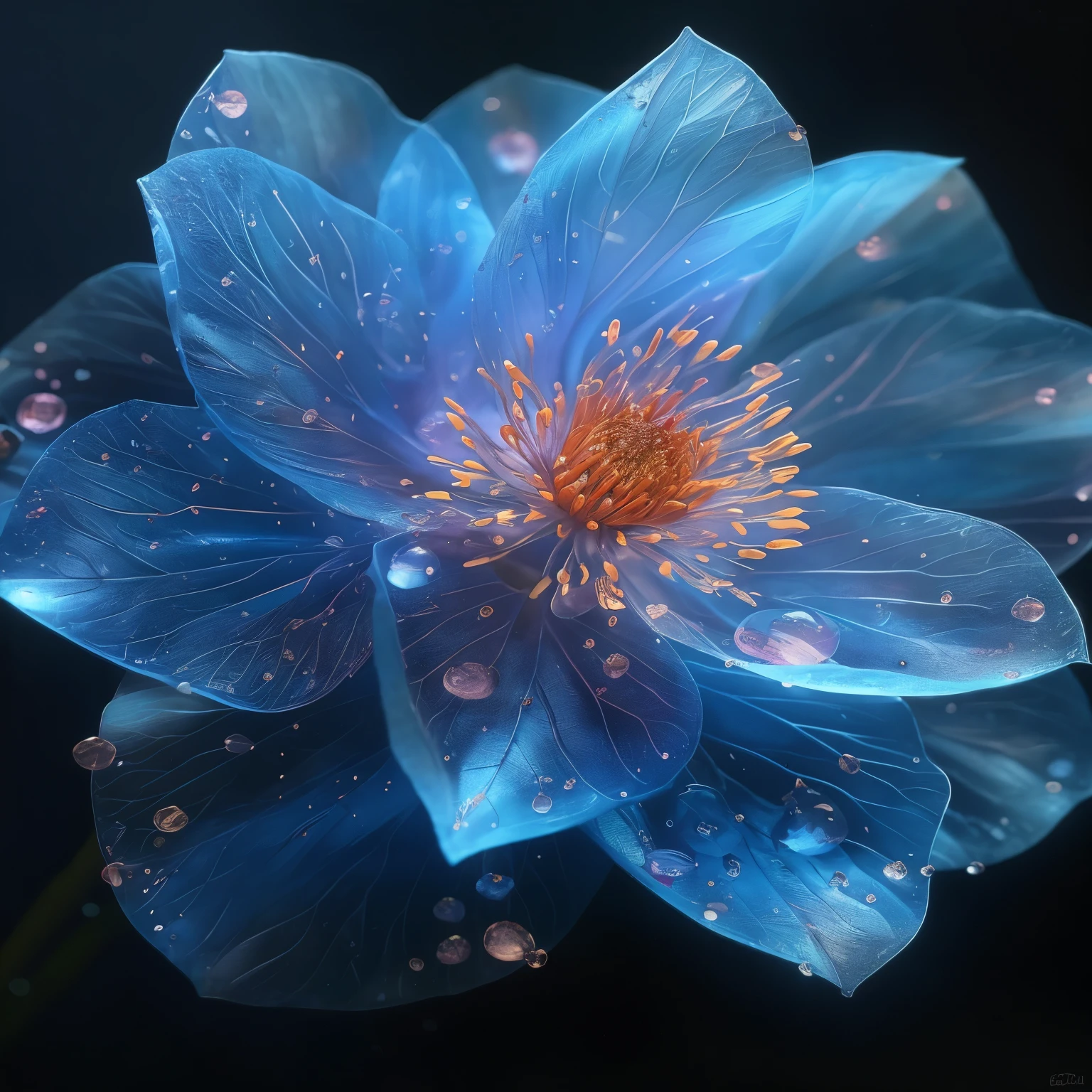Close-up of many blue flowers,There are water drops on it, glowing delicate flowers, Blue petals, Beautiful flowers, Beautiful composition 3-d 4k, Glowing flowers, magical flowers, Blue realistic 3D rendering, alien flower, ethereal beauty, Surreal Flower of Wisdom, glowing blue, Paul Basson, Beautiful flowerss and crystals, Beautiful digital art