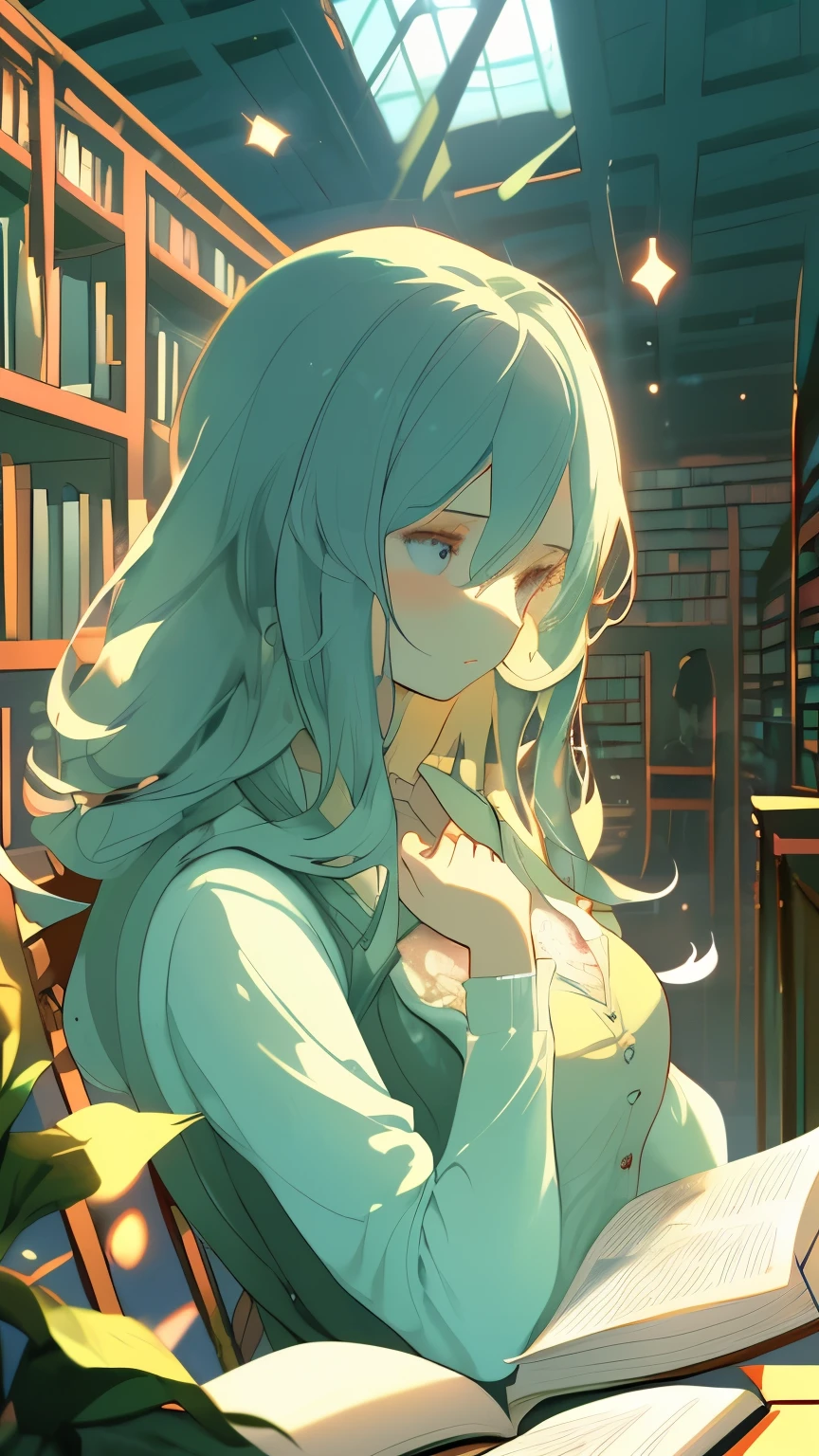 highest quality))Beautiful woman reading a book Studying in the library illustration style mysterious atmosphere、Background emotional atmosphere