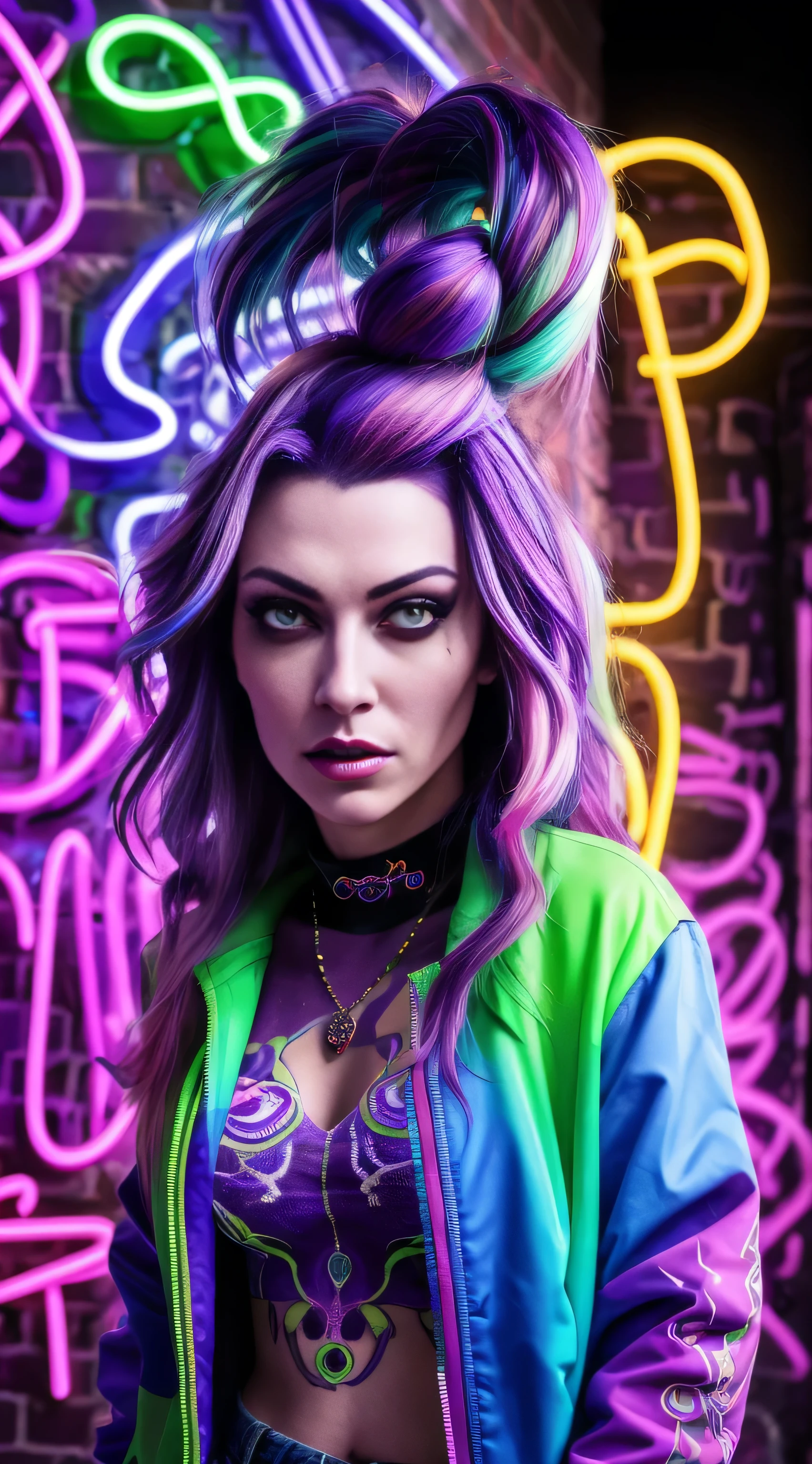 Neon image (masterpiece, best quality, 1girl, solo, intricate details, chromatic aberration), realistic, ((medium breath)), long hair, purple hair, purple head ornament, purple highlights, hair over one eye, green eyes, sharp eyes, choker, neon shirt, torn legwear, open jacket, turtleneck sweater, against wall, brick wall, graffiti, dim lighting, alley, look at the viewer, neon background