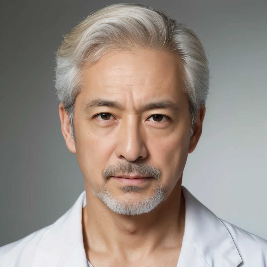 High resolution、High level image quality、high detail、masterpiece、realistic skin,、rough skin、(anatomically correct)、1 person、((white clothes)))、((authority))、((Japanese 48 year old male doctor))、from the waist up