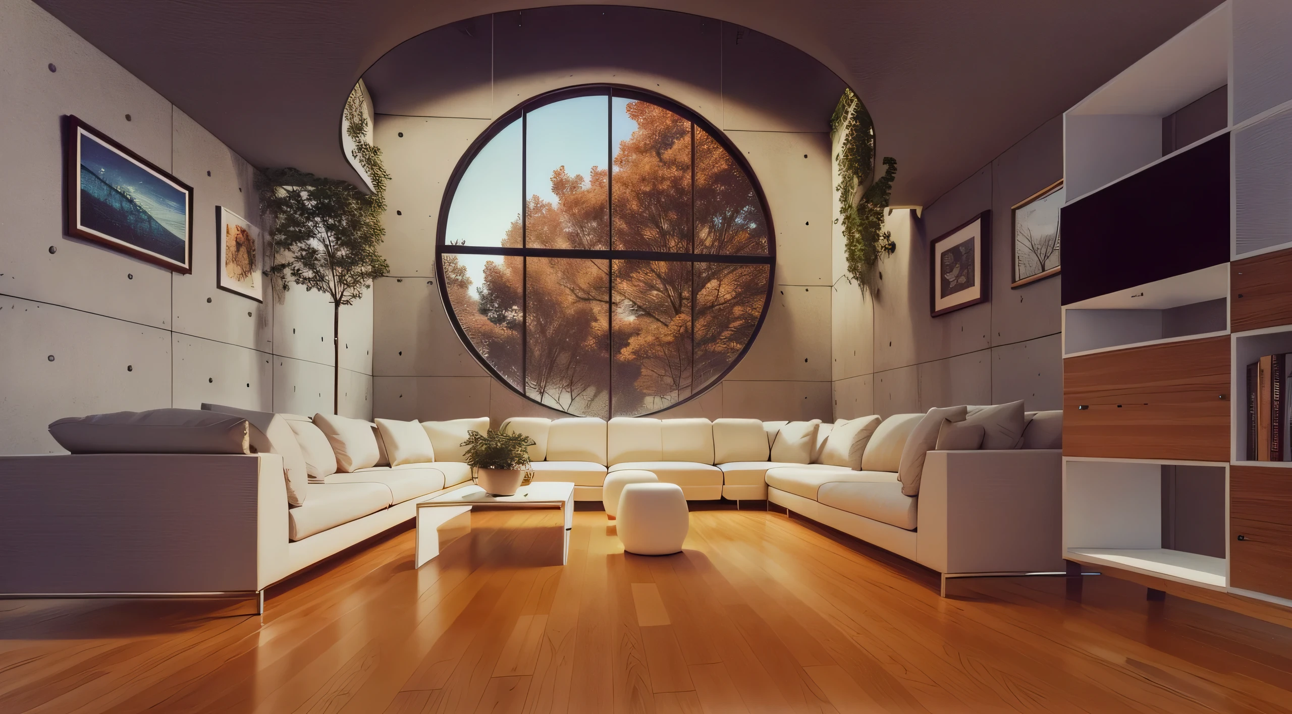 there is a living room with a couch and a coffee table, modern living room, 70s interior with arched windows, modern interior design, large round window, 80s interior with arched windows, interior living room, living room interior, modernist interior, circular windows, interior design, round windows, round window, interior architecture view