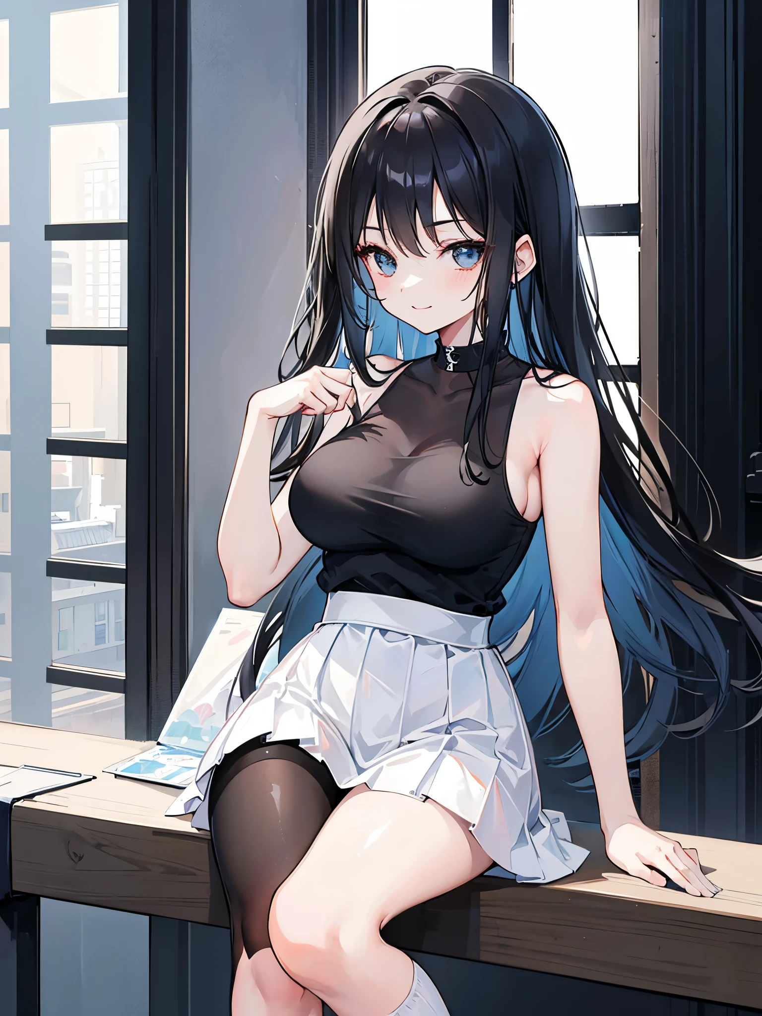 Girl, Early twenties, Decent height, hourglass shape, medium breasts, black tanktop with window and white skirt, high socks, really long black hair, smile, city setting, curvy, simple standing pose