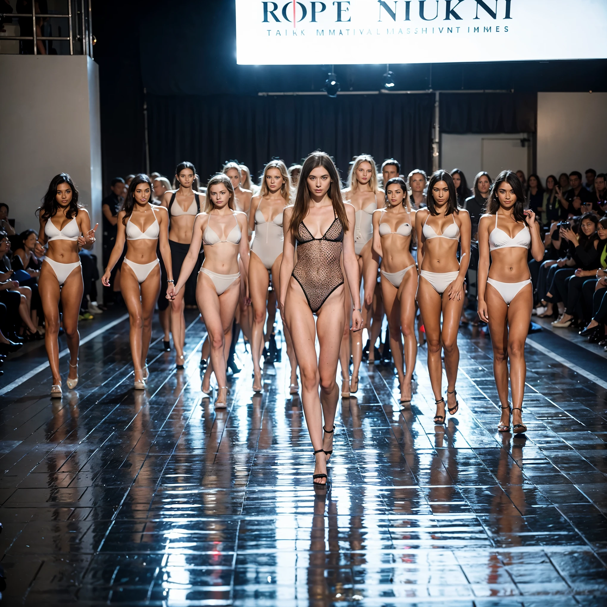 The image shows a group of female supermodels, walking down the catwalk in a swimsuit, very beautiful