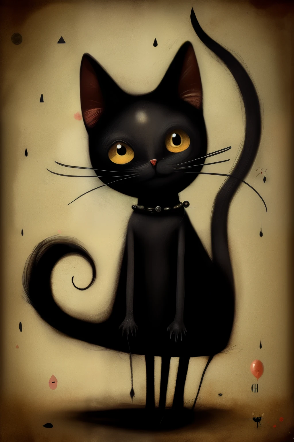 retro style black cat, 2Year、short hair、 punk, Happy, Optimistic, don hertzfeldt, Hieronymus Bosch, Gabriel Pacheco、cute、Charm that people like