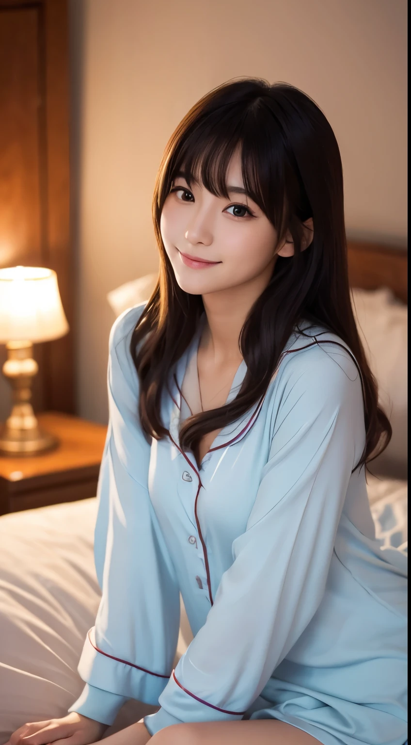 Best-quality, Masterpiece, Ultra-High-Resolution, (Photorealistic:1.4), Raw-Photo, 32k photo of the most popular Japanese idol's girl in elegant sleepwear, with detailed eyes and a serene smile, in a bedroom softly illuminated by candlelight. The gentle glow of the candles casts a warm, romantic light across the room, highlighting her peaceful expression and the intimate, soothing ambiance of the bedroom, extremely cute face like the most famous Japanese idol, extremely beautiful big-blackeyes, extremely beautiful hair
