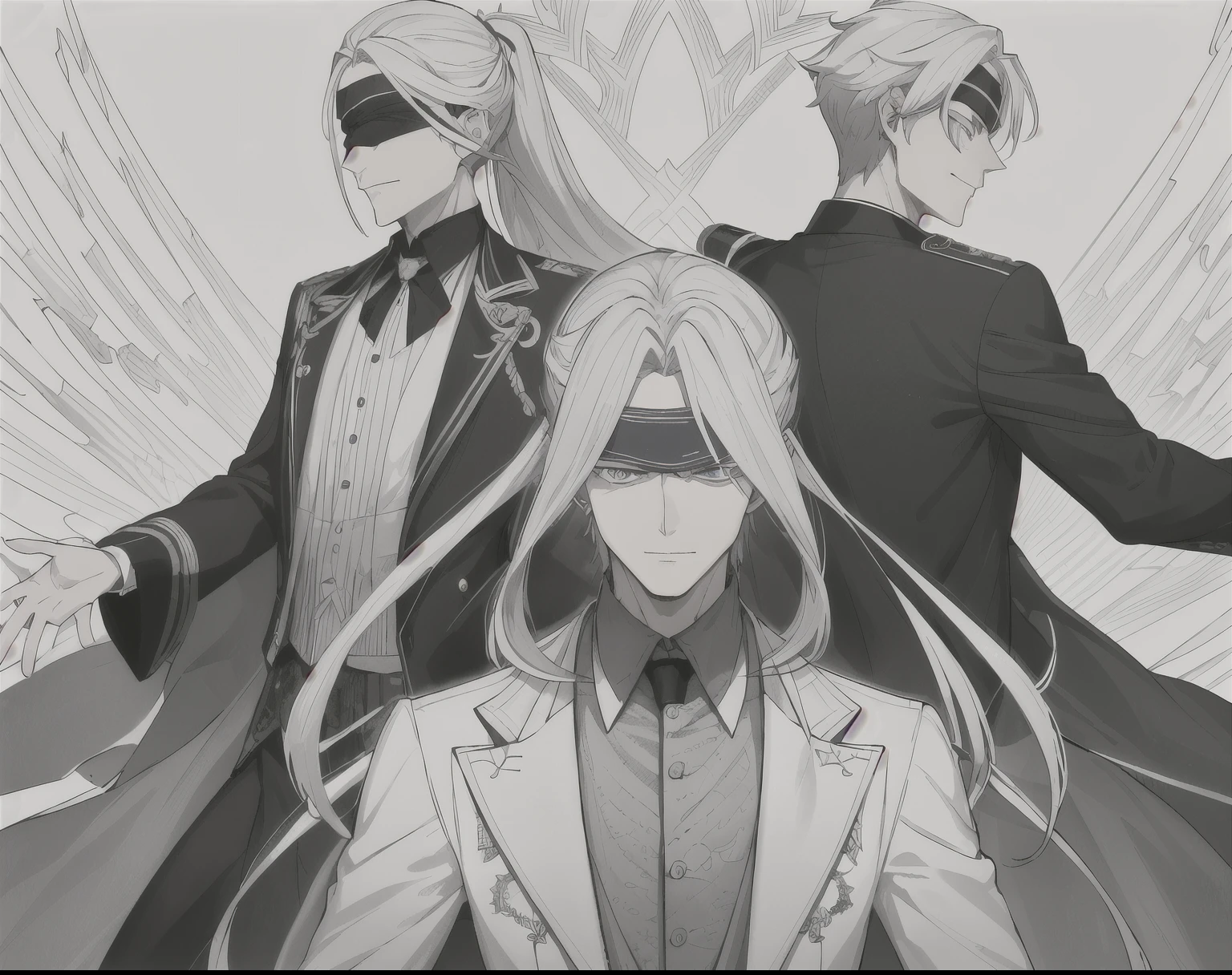 A striking figure with silver hair swept back and distinctive blue eyes covered by a blindfold. He exudes an aura of confidence, with a confident smirk on his face. Dressed in a high-collared black coat adorned with intricate patterns, he gives off an air of mystery and power. His posture is relaxed yet poised, hinting at his formidable combat abilities.