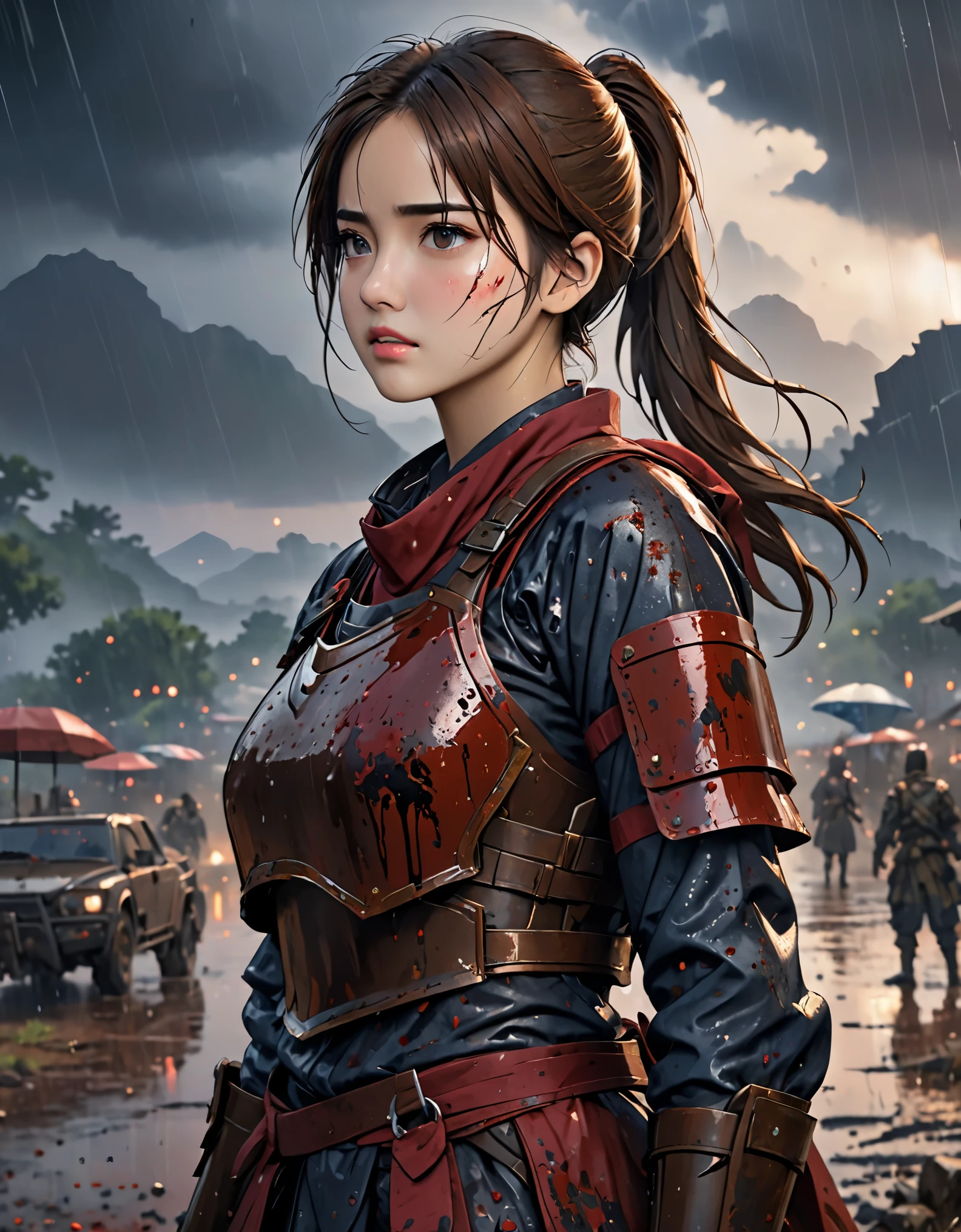 (Super detailed:1.2, masterpiece:1.2, best quality:1.2, high resolution:1.2), warzone background, landscape, rain, 1 girl, small , brown hair, ponytail, Armor clothes, Breastplate, dirty face, blood stains, dark sky