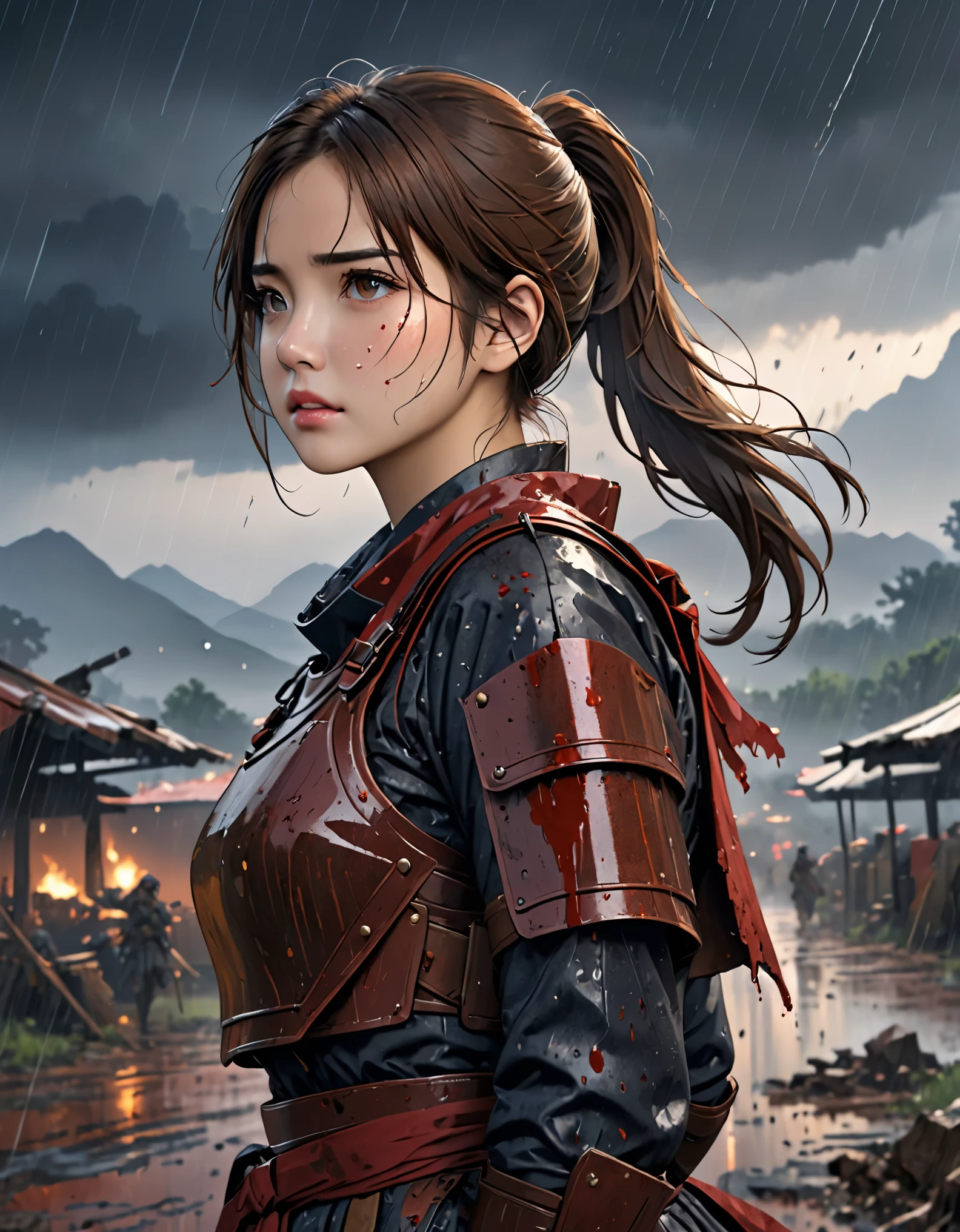 (Super detailed:1.2, masterpiece:1.2, best quality:1.2, high resolution:1.2), warzone background, landscape, rain, 1 girl, small , brown hair, ponytail, Armor clothes, Breastplate, dirty face, blood stains, dark sky