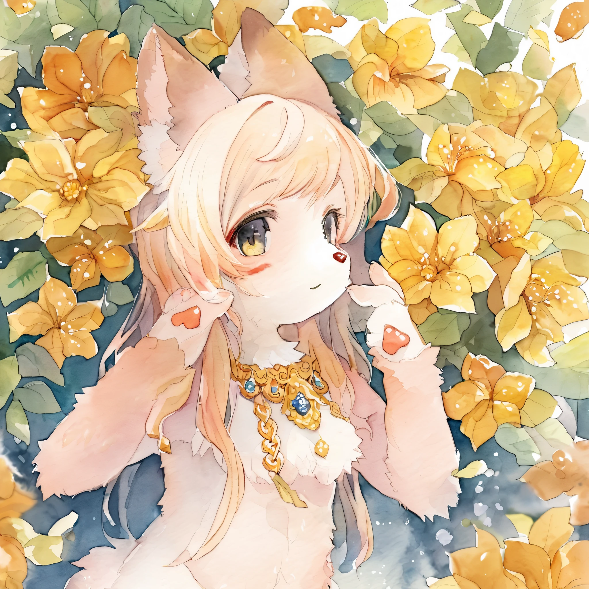 Watercolor elements, 1girl, kemono, furry, detailed body fur, animal face, animal hand, unfocused spread of gold flower,