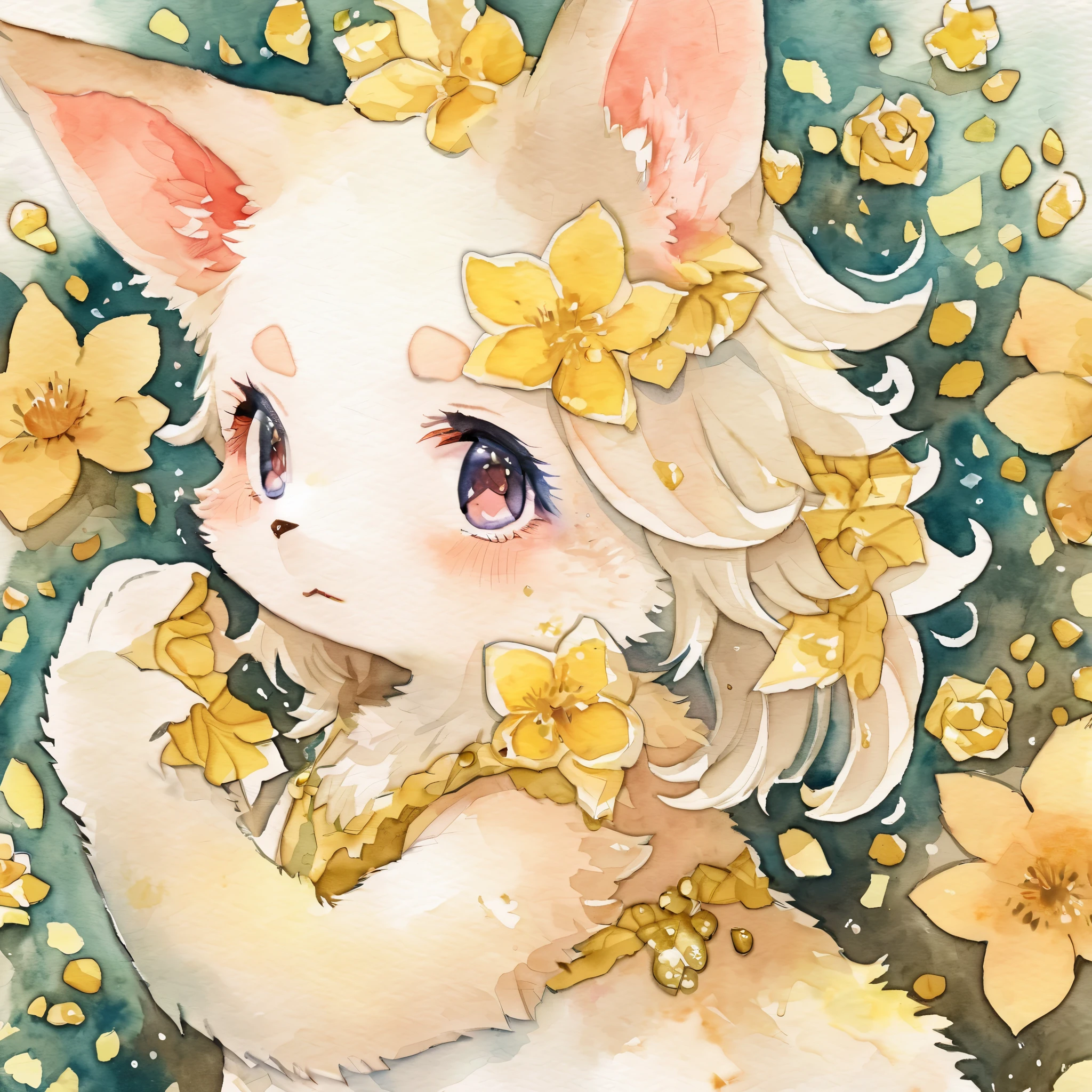 Watercolor elements, 1girl, kemono, furry, detailed body fur, animal face, animal hand, unfocused spread of gold flower, 