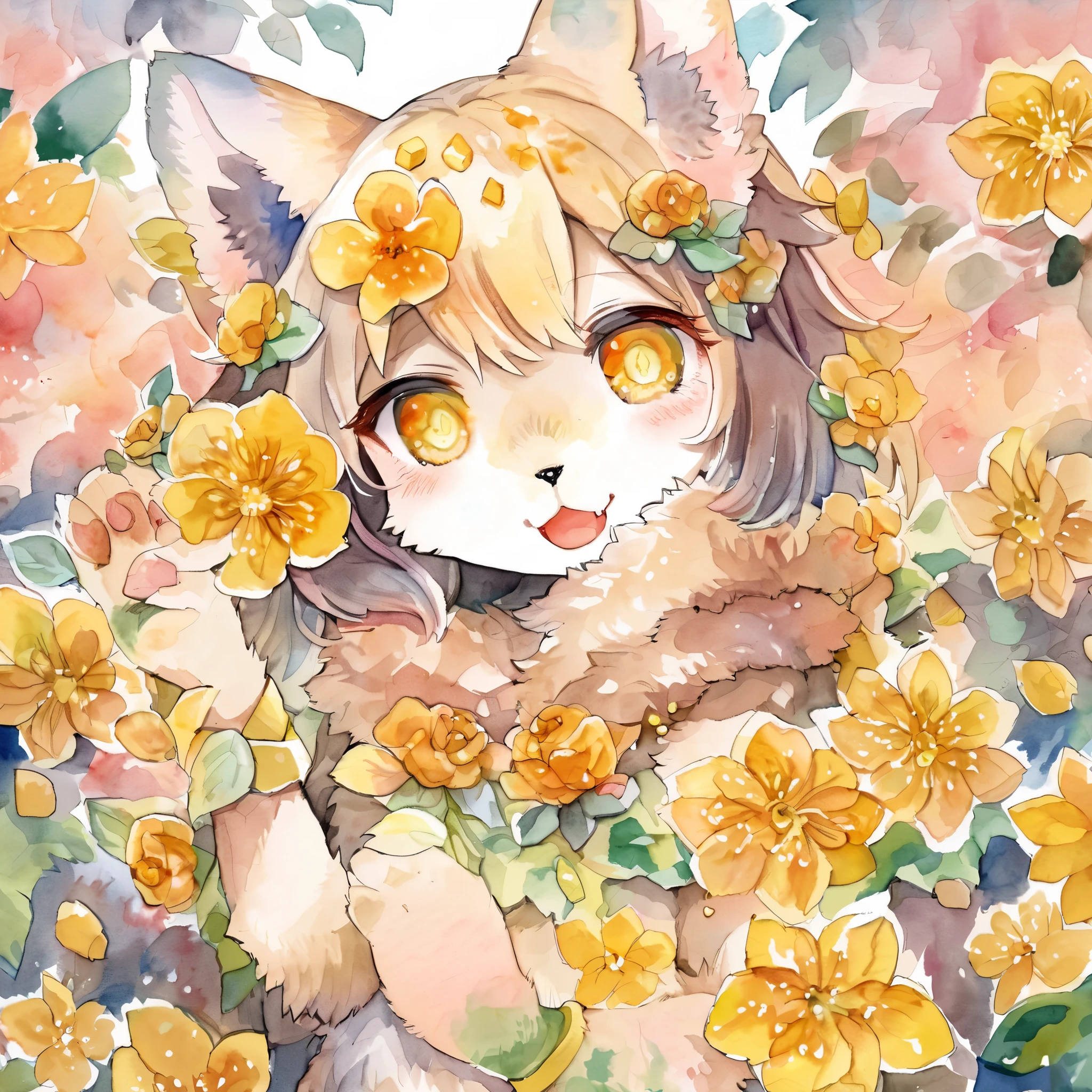 Watercolor elements, 1girl, kemono, furry, detailed body fur, animal face, animal hand, unfocused spread of gold flower,