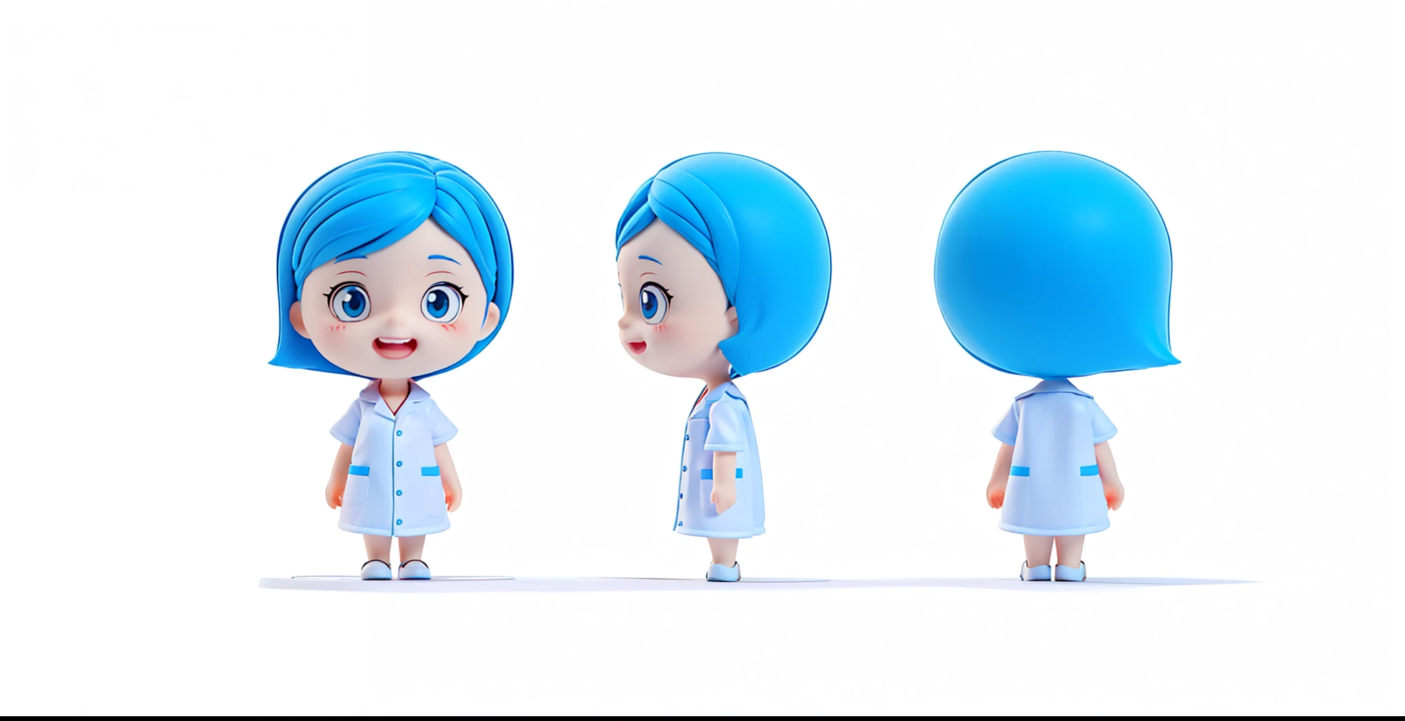 Cartoon character of a woman with blue hair and white shirt, animated characters, role conception for animation, Cartoon style illustration, character turnaround, role conception, The character is standing, simple cartoon style, woman with blue short hair, full body role conception, model table, nurse girl, high quality role conception, character model table, Wearing a lab coat and shirt, 4K resolution,C4D,OC renderer,Ultra-detailed,high quality,white background