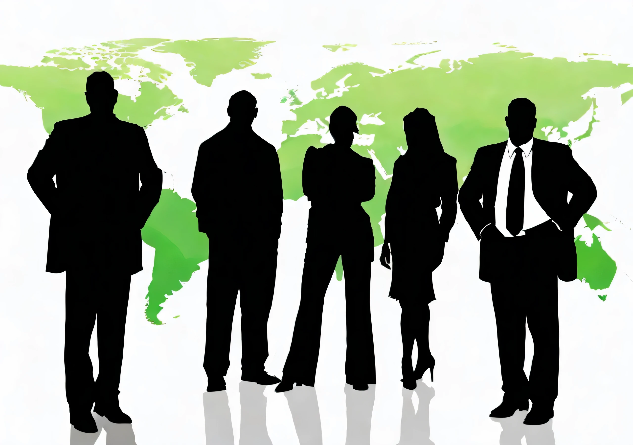 silhouettes of business people standing in front of a world map, professional image, silhouettes of people, group of people, siluettes, high quality image”, illustration], business surrounding, high quality picture, outlined silhouettes, a group of people, beginner, full-body shot, full - body shot, group photo, full-body-shot