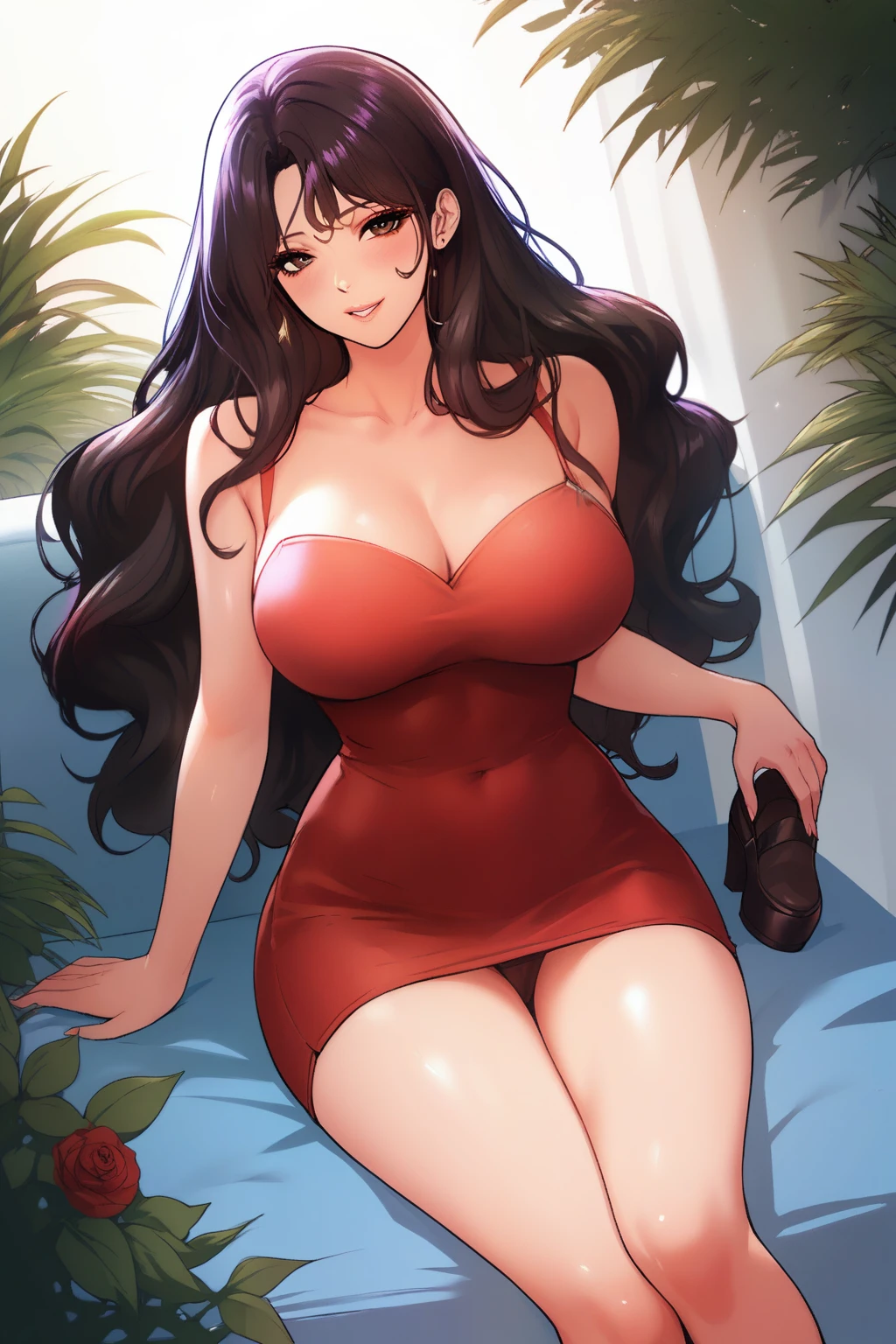 score_9, score_8_up, score_7_up, score_6_up, score_5_up, score_4_up, yu hee, brown eyes, black hair, long hair, large breasts, red short dress, bare shoulders,