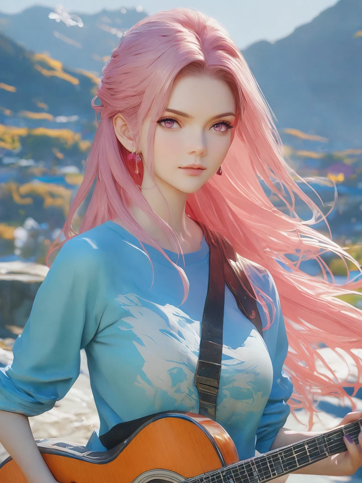 diy23，Highest quality, ultra-high definition, masterpieces, 8k, realistic, anime styled, 3d render，anime girl with pink hair and a blue shirt holding a guitar, artwork in the style of guweiz, ross tran style, ross tran. scenic background, anime girl with long hair, guitar solo, anime cover, high quality anime artstyle, in the style of ross tran, anime vibes, guweiz, beautiful anime art style, anime style 4 k
