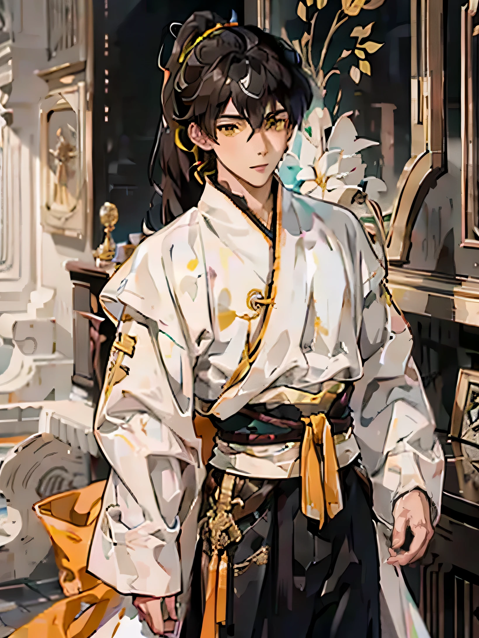 brown hair，Long hair，high ponytail details，male，horny boy，yellow eyes，robe，whole body，literati，Handsome，handsome man，handsome guy，emaciated，complete hand