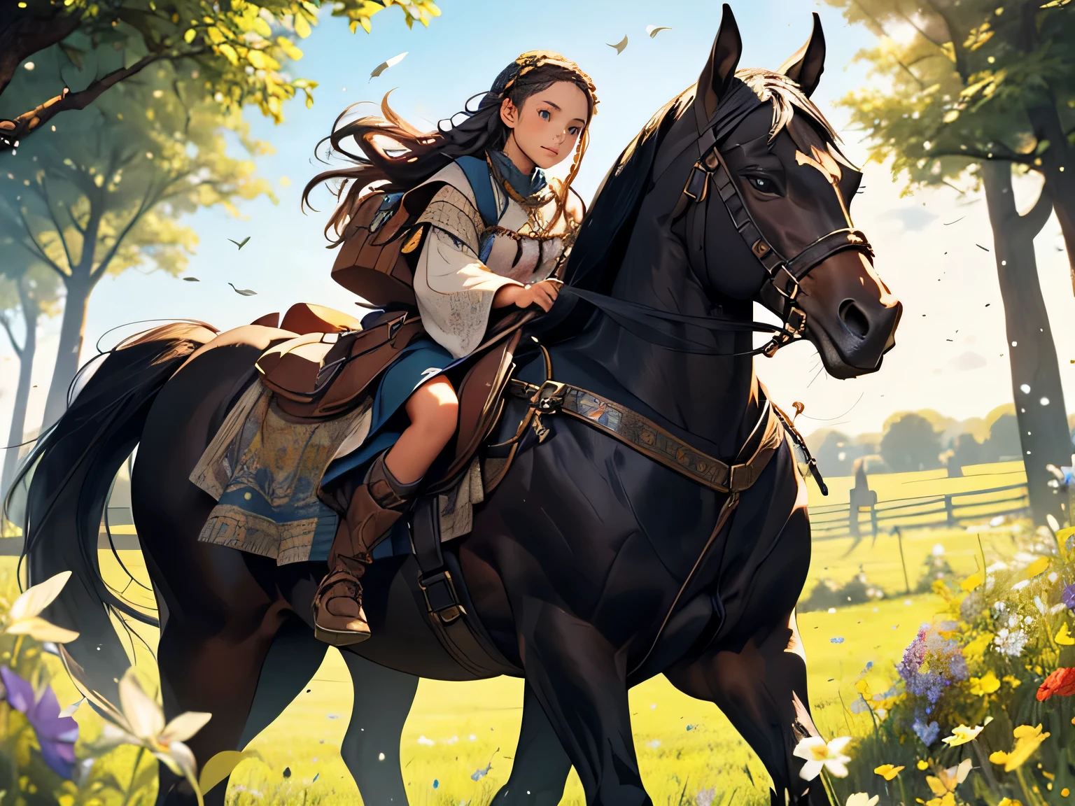 A young girl with long, black, braided hair, wearing traveler clothes, riding on a black horse through a medieval meadow filled with wildflowers and enchanted creatures. 