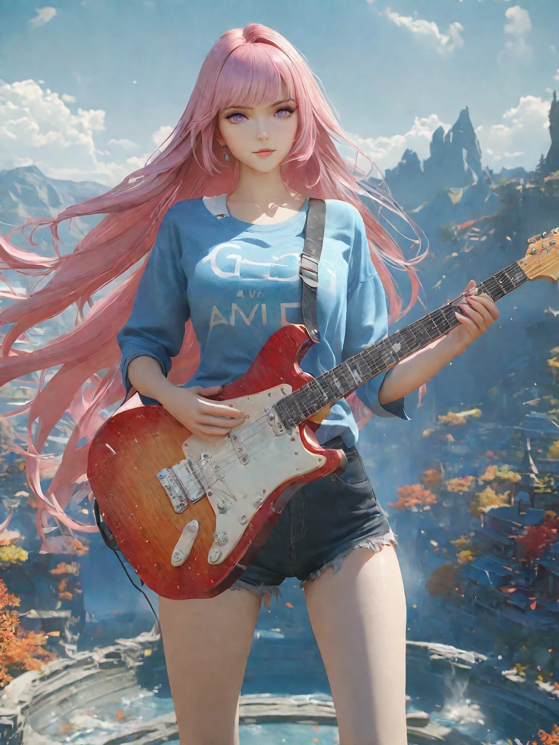 diy23,Highest quality, ultra-high definition, masterpieces, 8k, realistic, anime styled, 3d render,anime girl with pink hair and a blue shirt holding a guitar, artwork in the style of guweiz, ross tran style, ross tran. scenic background, anime girl with long hair, guitar solo, anime cover, high quality anime artstyle, in the style of ross tran, anime vibes, guweiz, beautiful anime art style, anime style 4 k