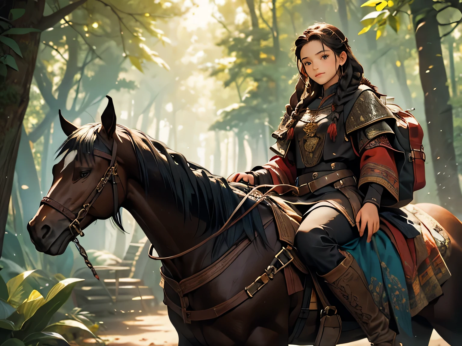 A young girl with long, black, braided hair, wearing traveler clothes, riding on a black horse through a medieval forest.