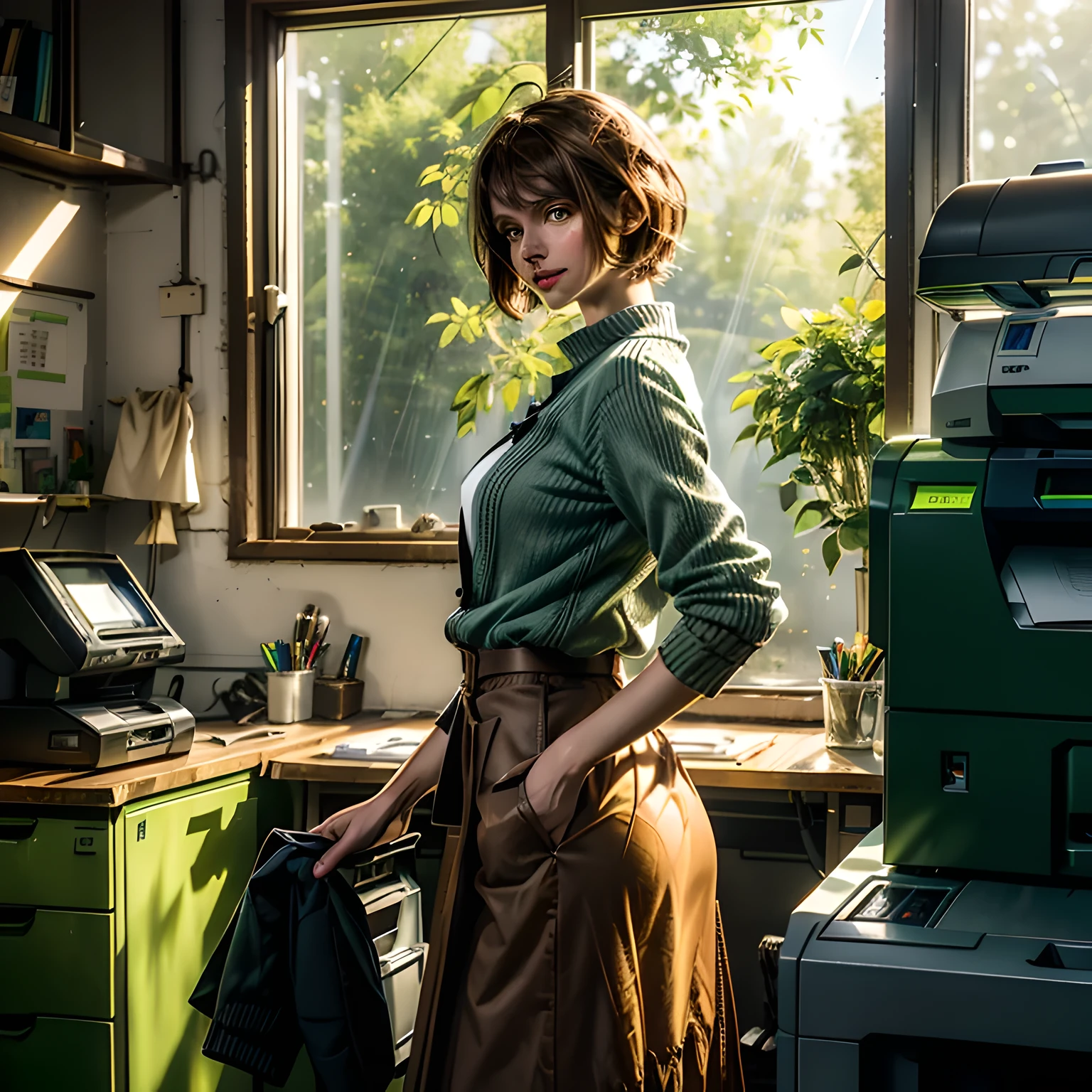 Small messy Office copy room, (tall 30 year old polish woman by herself with short light brown hair and long brown skirt and cardigan standing in front of copy machine), (green eyes) , 1girl,yellow spotlight, dust particles in light, sunbeams, evening light, ((attractive woman looking to her left at camera )) , fixing hair, (Russian features) , Masterpiece, best quality