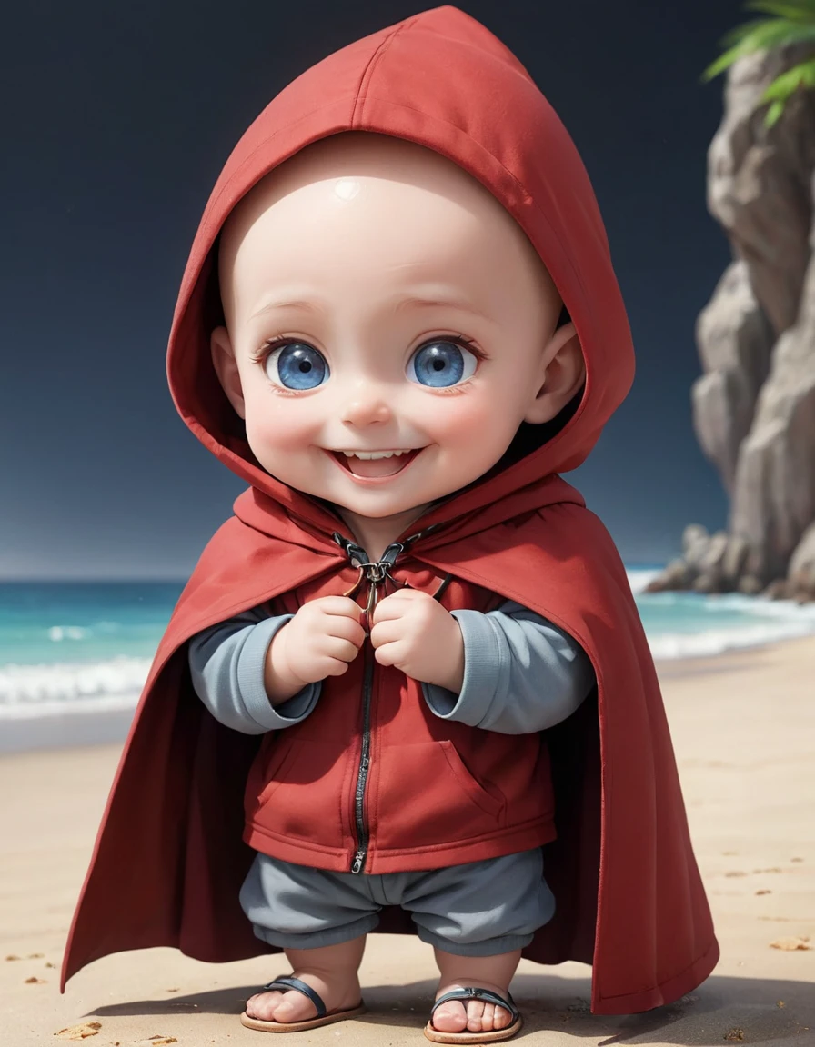 Baby boy , bald, with big blue eyes, a wide smile with all teeth, eyes narrowed because of the smile, in a red cloak with a hood, from under which you can see loose gray clothes, beach slippers on his feet, Hyperrealistic art "high-quality portrait flat matte drawing of a cute Nendoroid and cartoon style, anime flat style, thick drawing, medium close-up", (solo:1.2),
photorealistic:1.5, ultra highres, 8k, texture skin, realistic skin, detailed skin, highest detailed, extreme detailed, 8k wallpaper, colorful,
(dark magic), ring with the stone, (intricate details), (hyperdetailed), 8k hdr, high detailed, lot of details, high quality, soft cinematic light, atmospheric perspective
(focus on), color Ink wash painting, . Extremely high-resolution details, photographic, realism pushed to extreme, fine texture, incredibly lifelike