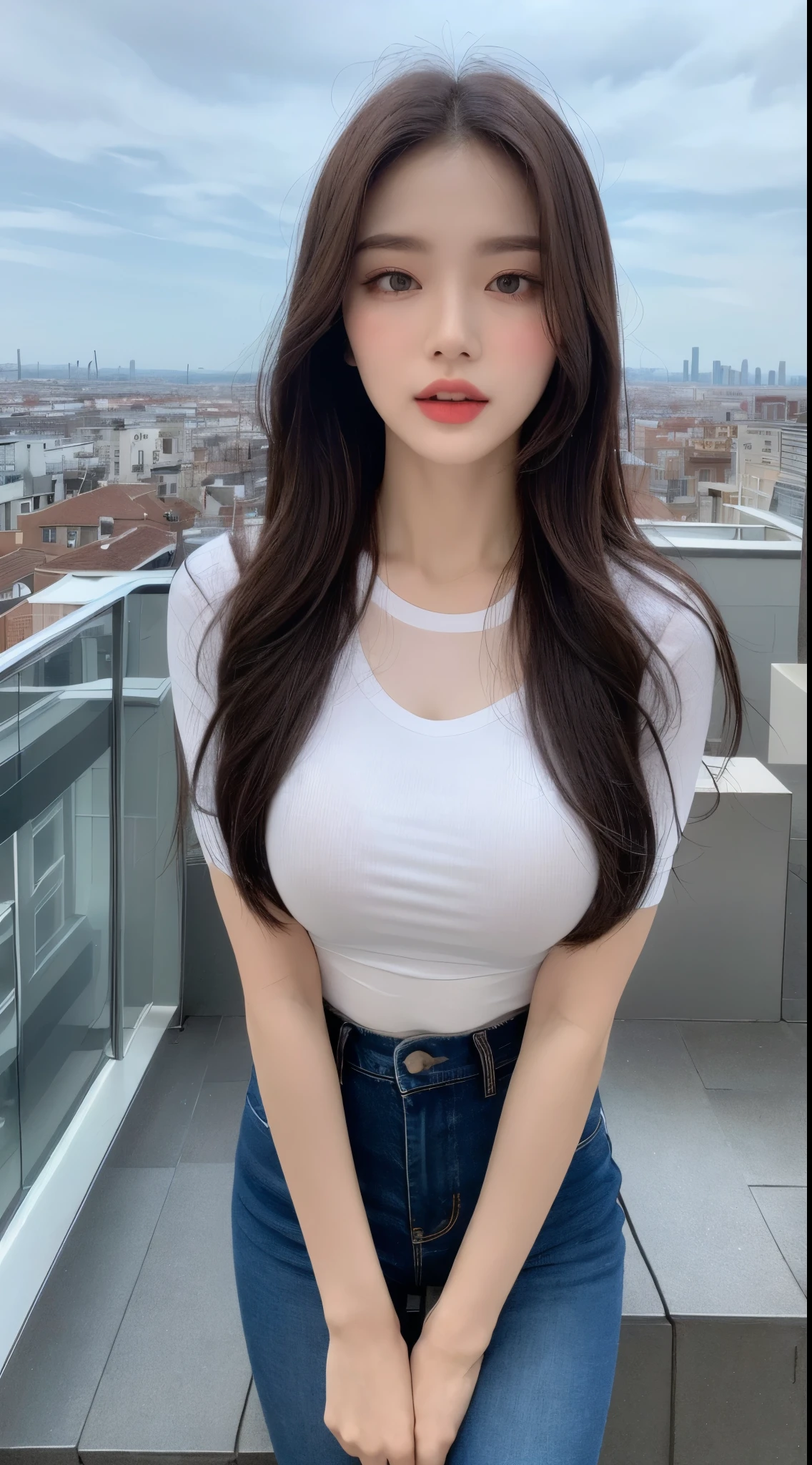 ((Midnight, Best quality, 8k, Masterpiece :1.3)), Whole body, Long legs, Sharp focus :1.2, A pretty woman with perfect figure :1.4, Slender abs :1.1, ((Dark brown hair, Big breasts :1.2)), (White tight tshirt, Jean bib, Standing:1.2), ((Night city view, Rooftop:1.3)), Highly detailed face and skin texture, Detailed eyes, Double eyelid