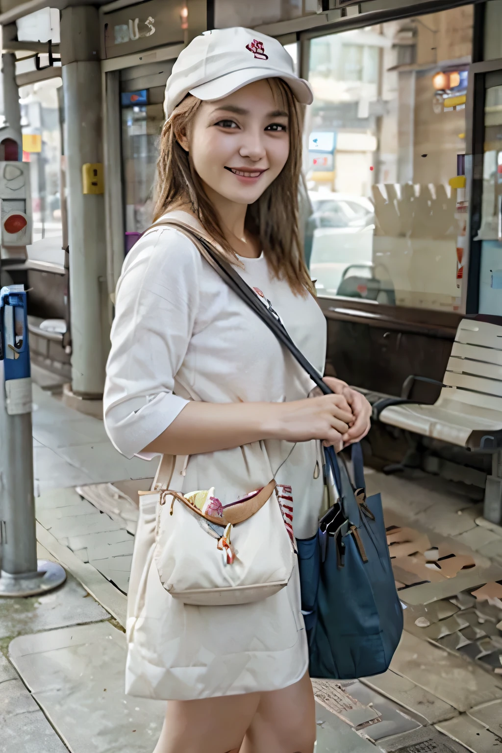 Traveller, tote bag, European, hat on, blonde hair, at the station, full body entry, best quality, happy smile, tote box, realistic painting style