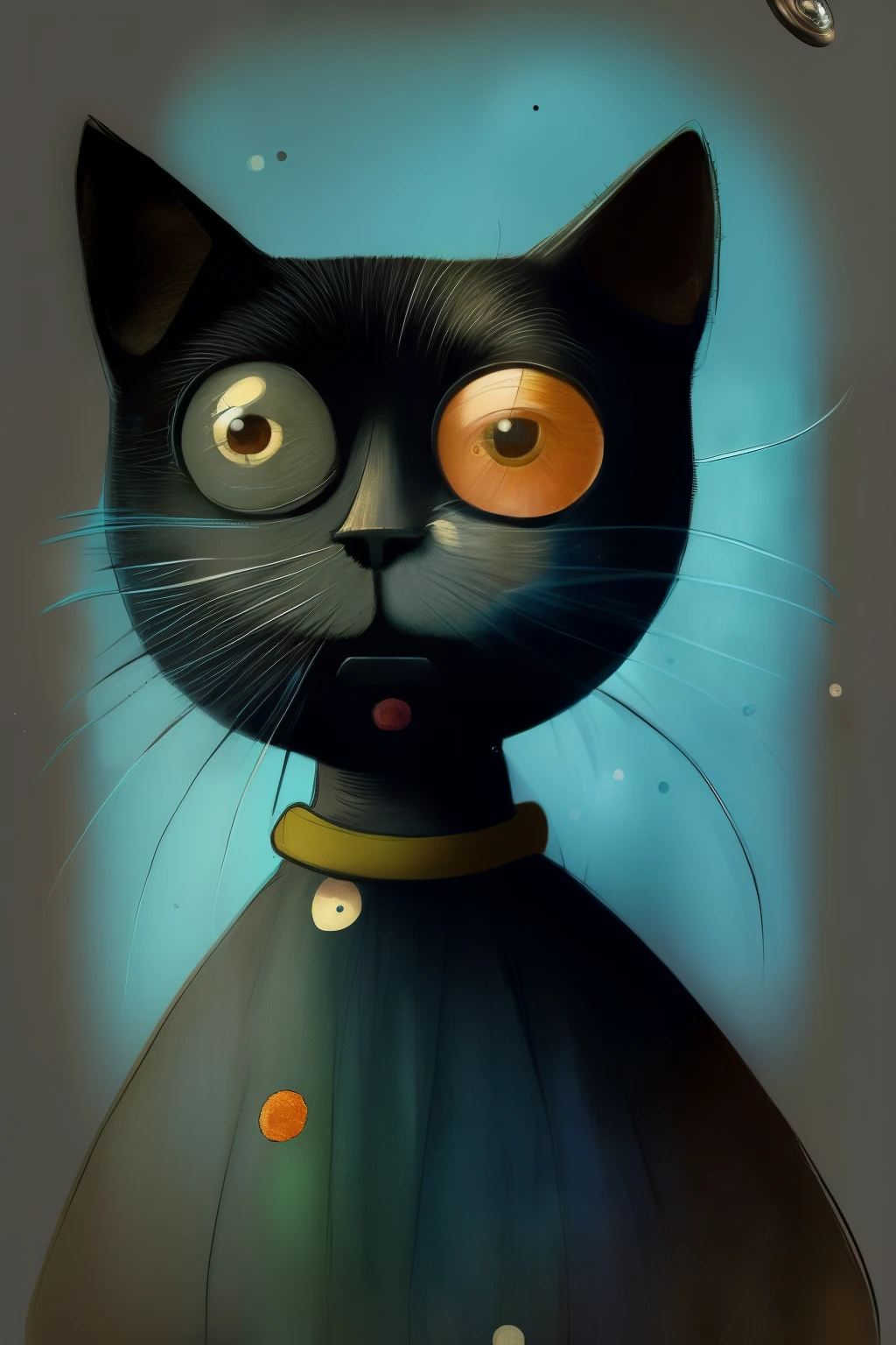 retro style black cat, 2Year、short hair、 punk, Happy, Optimistic, don hertzfeldt, Hieronymus Bosch, Gabriel Pacheco、cute、Charm that people like、Change the eye color between right and left. The right eye is blue and the left is topaz-colored.