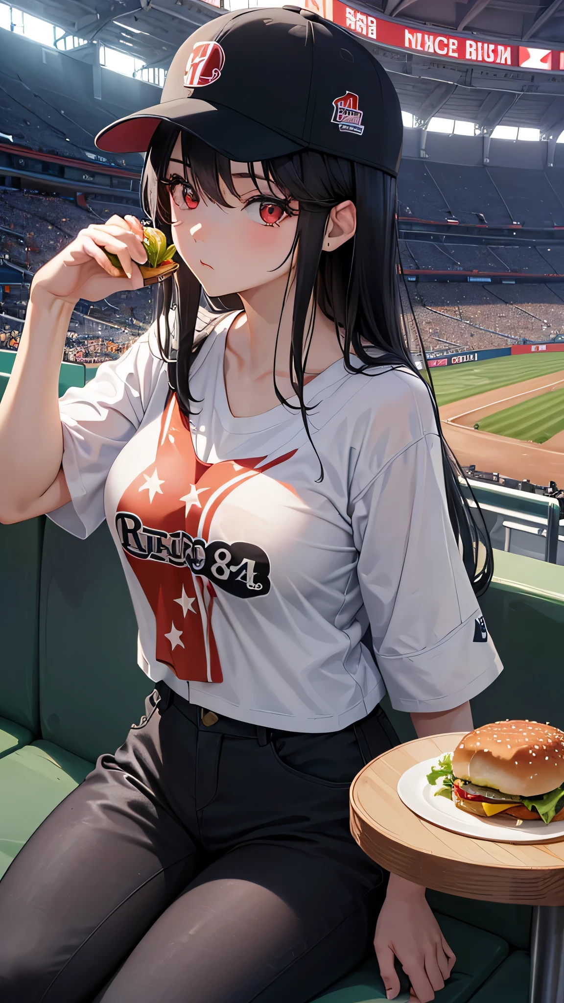 perfect anatomy, masterpiece:1.4, best quality, 8k, (in the Fukuoka Dome Stadium), break, (sit down on Audience seats) ((Eating a hamburger)) (a straight black hair long hair femdom cute girl, 17 yo, detailed red eyes, enjoy face, bigboobs), break, in a casual suit, baseball hat.
