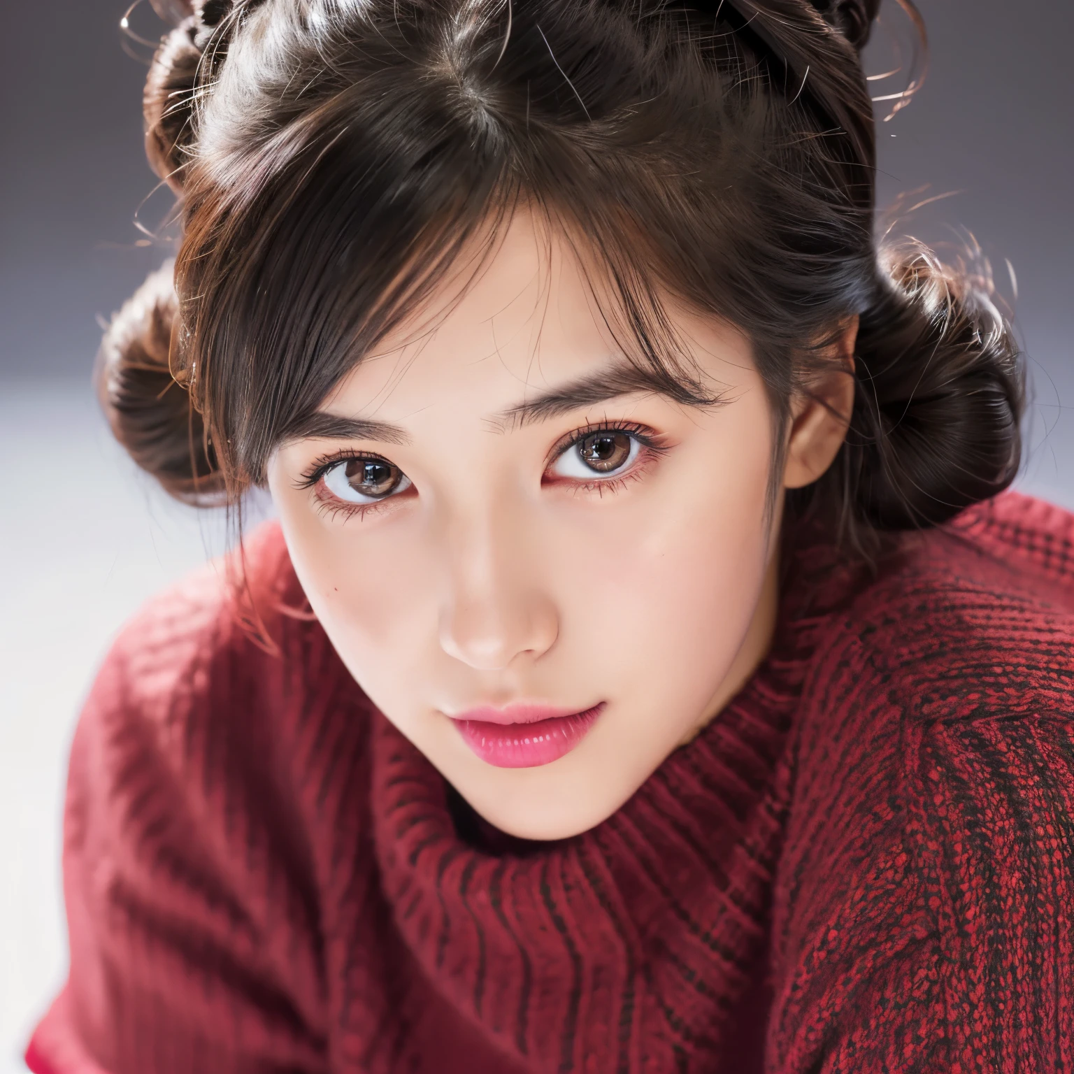 , shoulder length black hair, twin buns, grey eyes, fair skin, beautiful detailed eyes, beautiful detailed lips, detailed face, long eyelashes, red sweater, black skirt, (best quality, highres, vivid colors), (photorealistic) portrait, (studio lighting), (soft and warm color tones), (subtle and natural lighting).