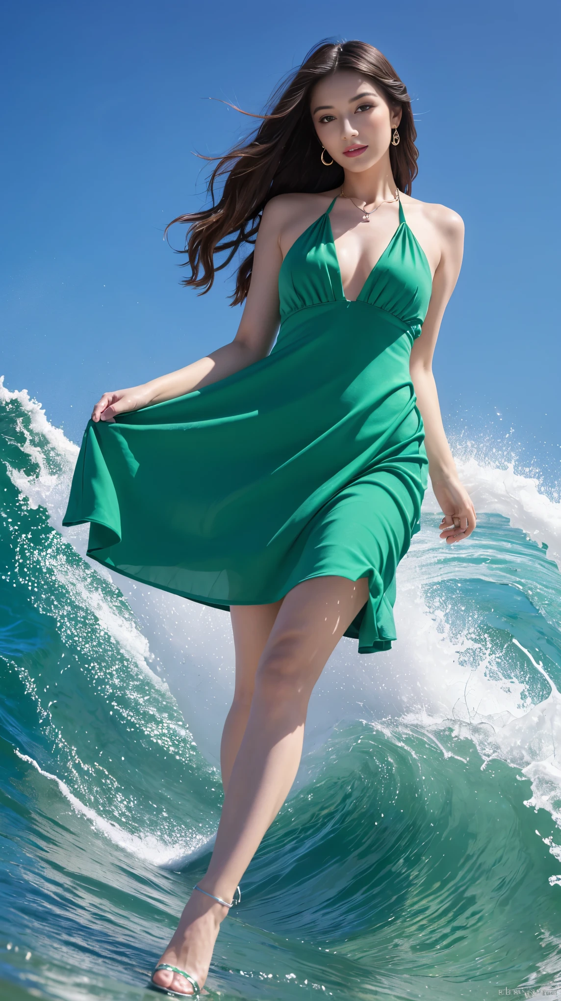 highest quality,masterpiece,ultra high resolution,(actual:1.4),original photo,ultra high resolution，8K，there is a woman，Fair skin，exquisite makeup，big waves，blue-green dress with open neckline:1.2，high heels，long legs，bright and beautiful，sexy random poses，Lively poses，slender woman:1.5，