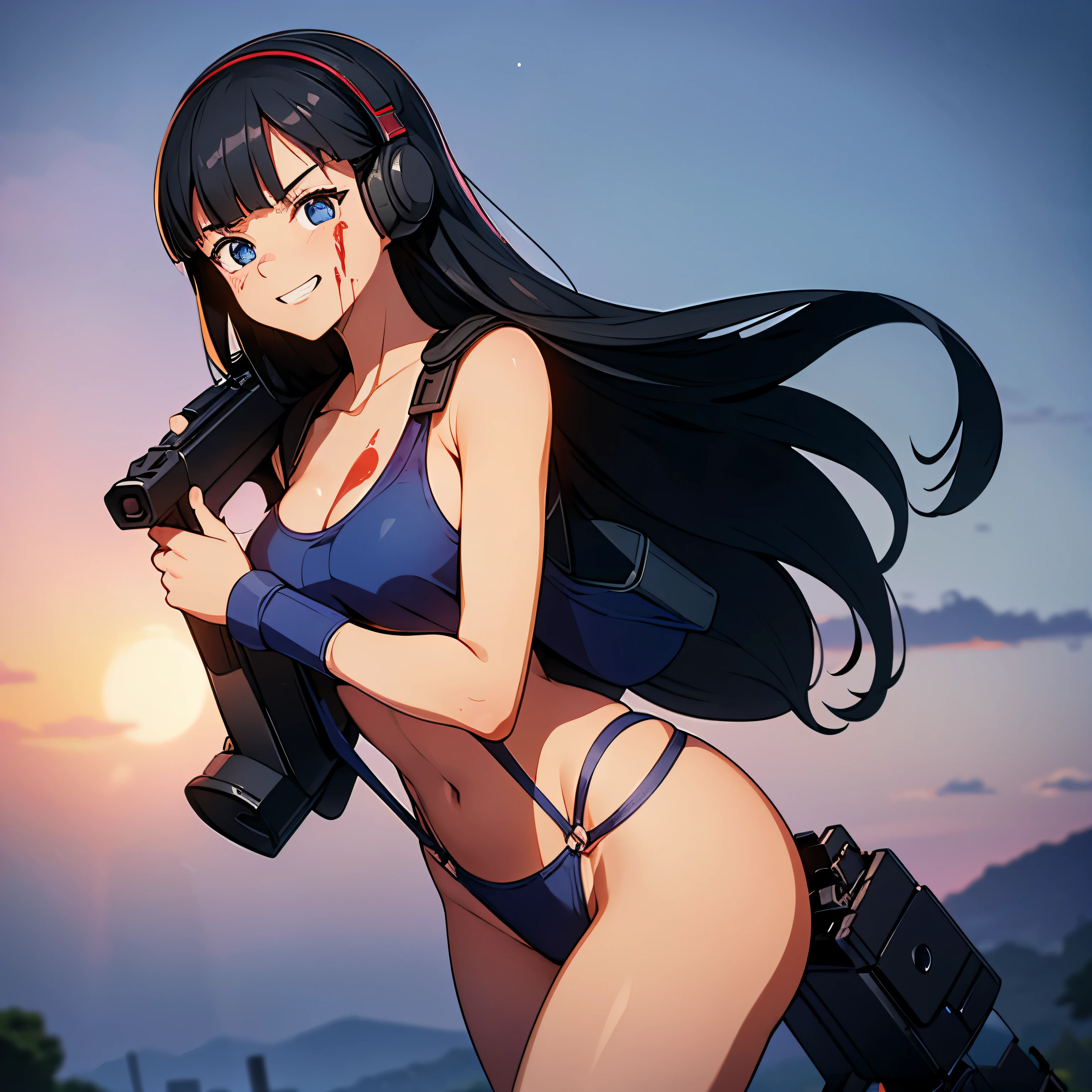 (((pixel-perfect, detail-perfect))), solo, 1girl, hair ornaments, long hair, black hair, blue eyes, medium chest, akebi komichi, Imperial Guard Combat Uniform Swimsuit, o-ring bikini, v gundam, swimsuit, absurdres, highres, solo, cowboy shot, 1girl, neneka nibrou \(cosplay\), wristband, headphone, holster, backpack, holding gun, aiming, perfect hands, wind, medium breast, (((blood on clothes, blood on face))), evil smile, evil grin, gore